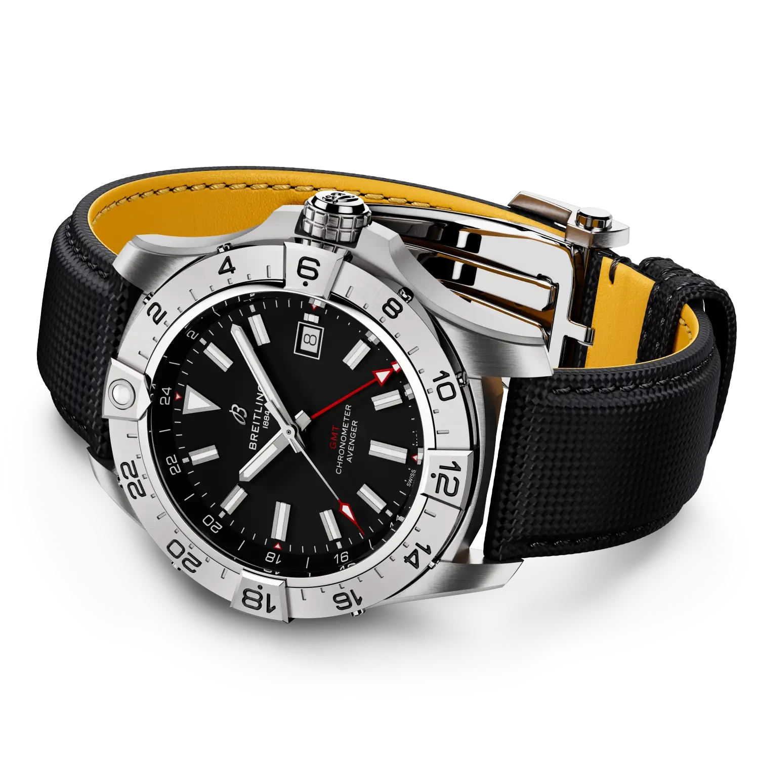 Breitling Avenger Automatic Gmt 44mm Black Dial on calfskin leather strap - Closed Bracelet