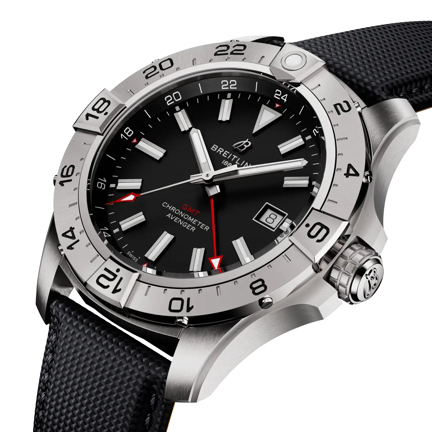 Breitling Avenger Automatic Gmt 44mm Black Dial on calfskin leather strap - Three-Quarter View