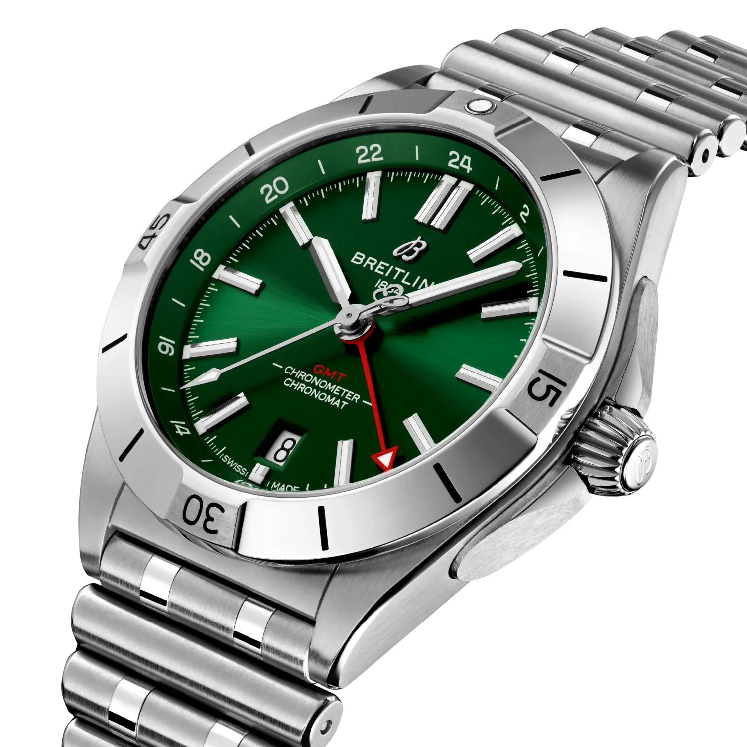 Breitling Chronomat Automatic Gmt 40mm Green Dial on stainless steel strap - Three-Quarter View