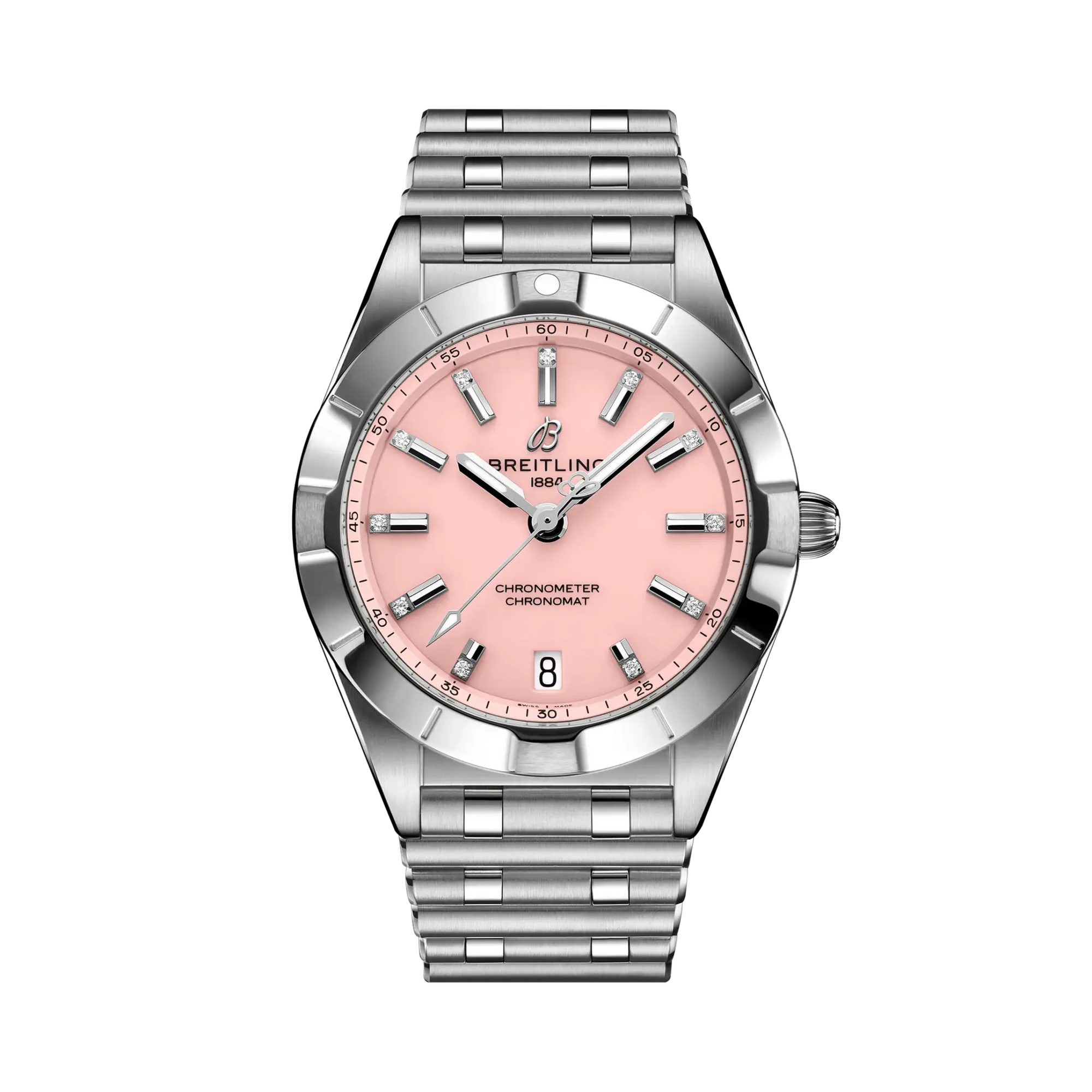 Breitling Chronomat 32mm Pink Dial on stainless steel strap - Facing