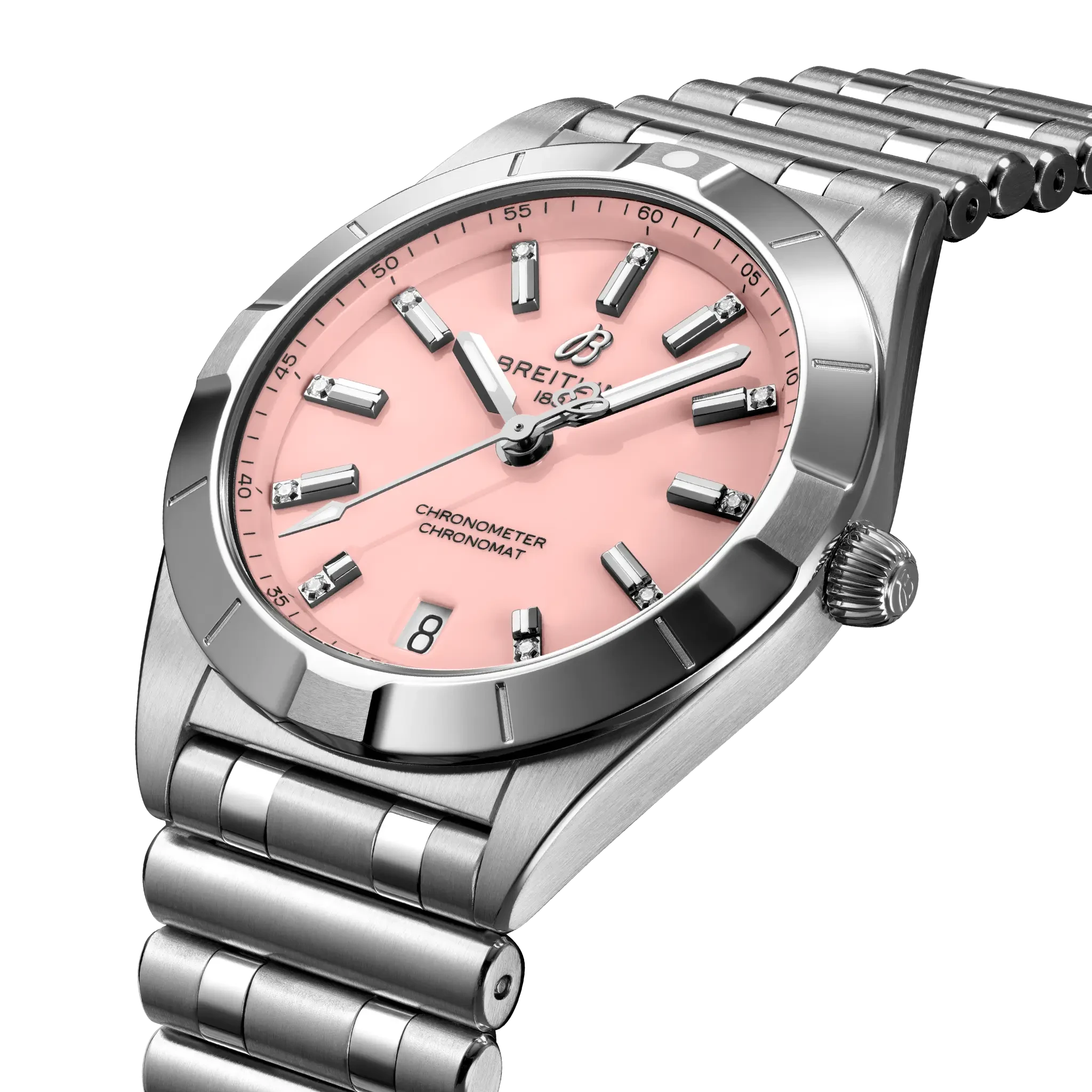 Breitling Chronomat 32mm Pink Dial on stainless steel strap - Three-Quarter View