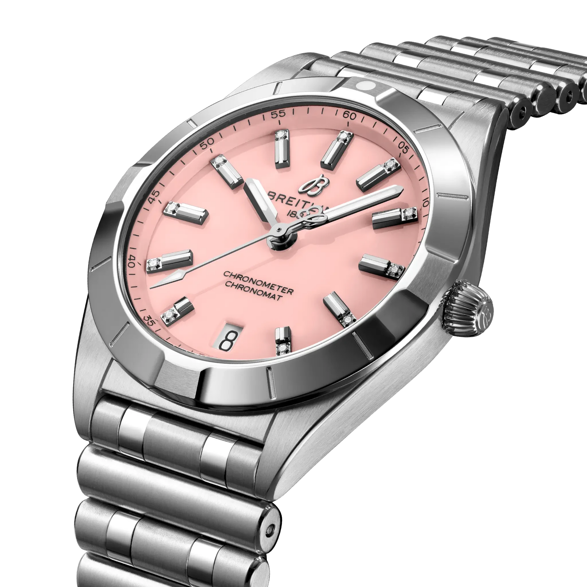 Breitling Chronomat 32mm Pink Dial on stainless steel strap - Three-Quarter View