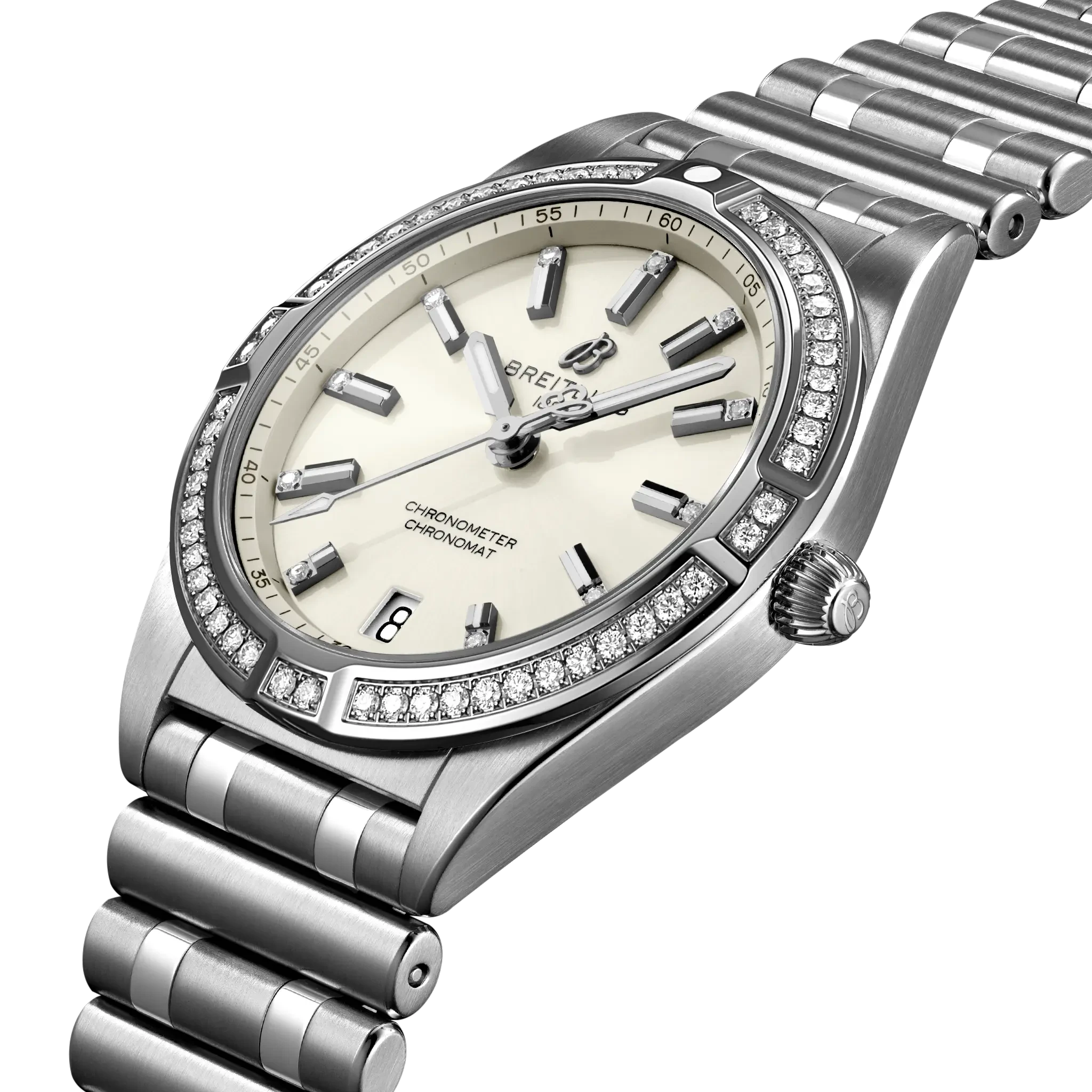 Breitling Chronomat 32mm White Dial on stainless steel strap - Three-Quarter View