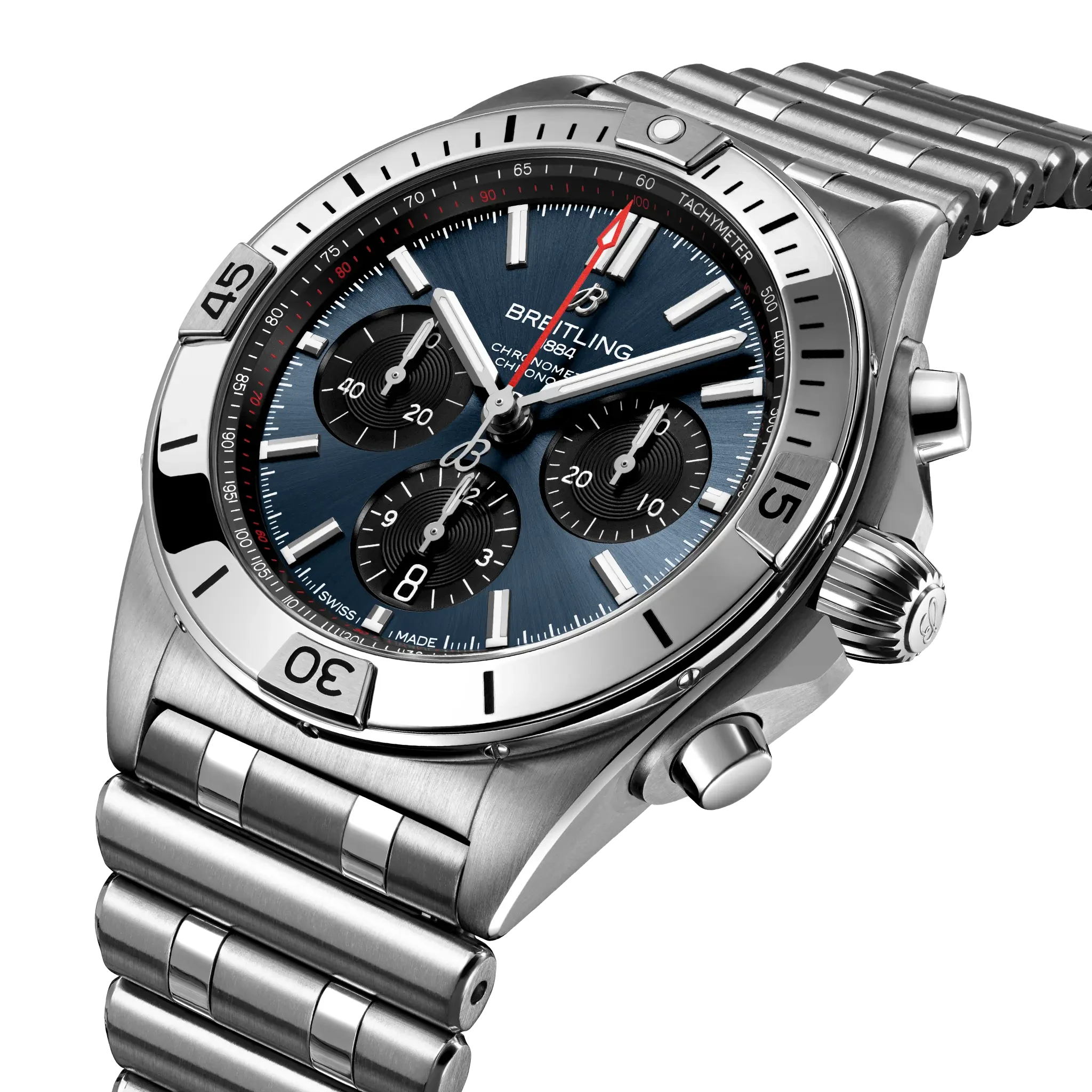 Breitling Chronomat B01 42mm Blue Dial on stainless steel strap - Three-Quarter View