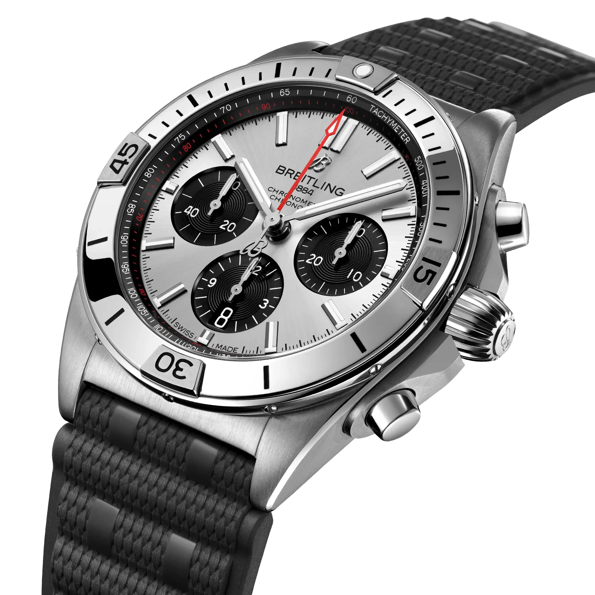 Breitling Chronomat B01 42mm Silver Dial on rubber strap - Three-Quarter View