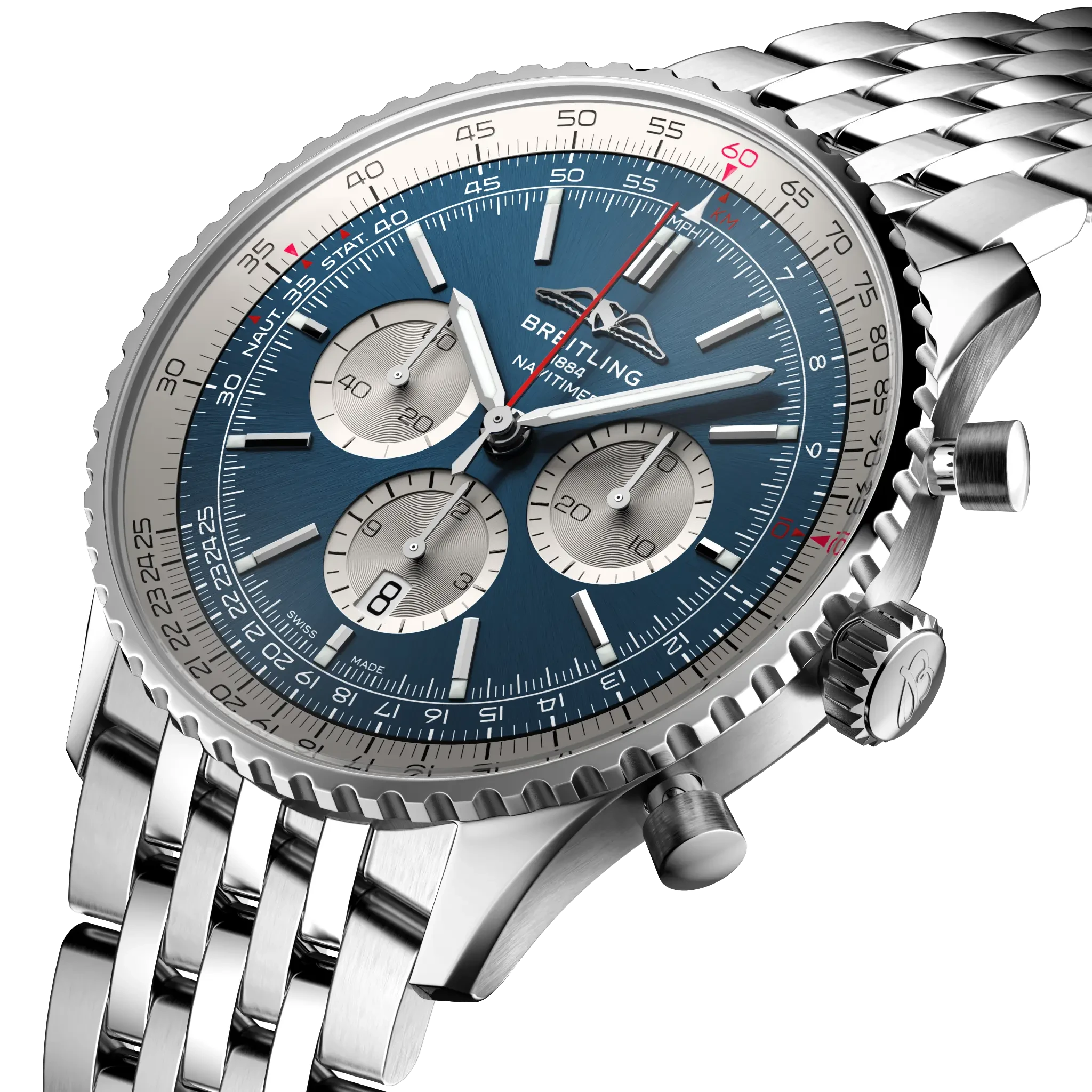Breitling Navitimer B01 Chronograph 46mm Blue Dial on stainless steel strap - Three-Quarter View
