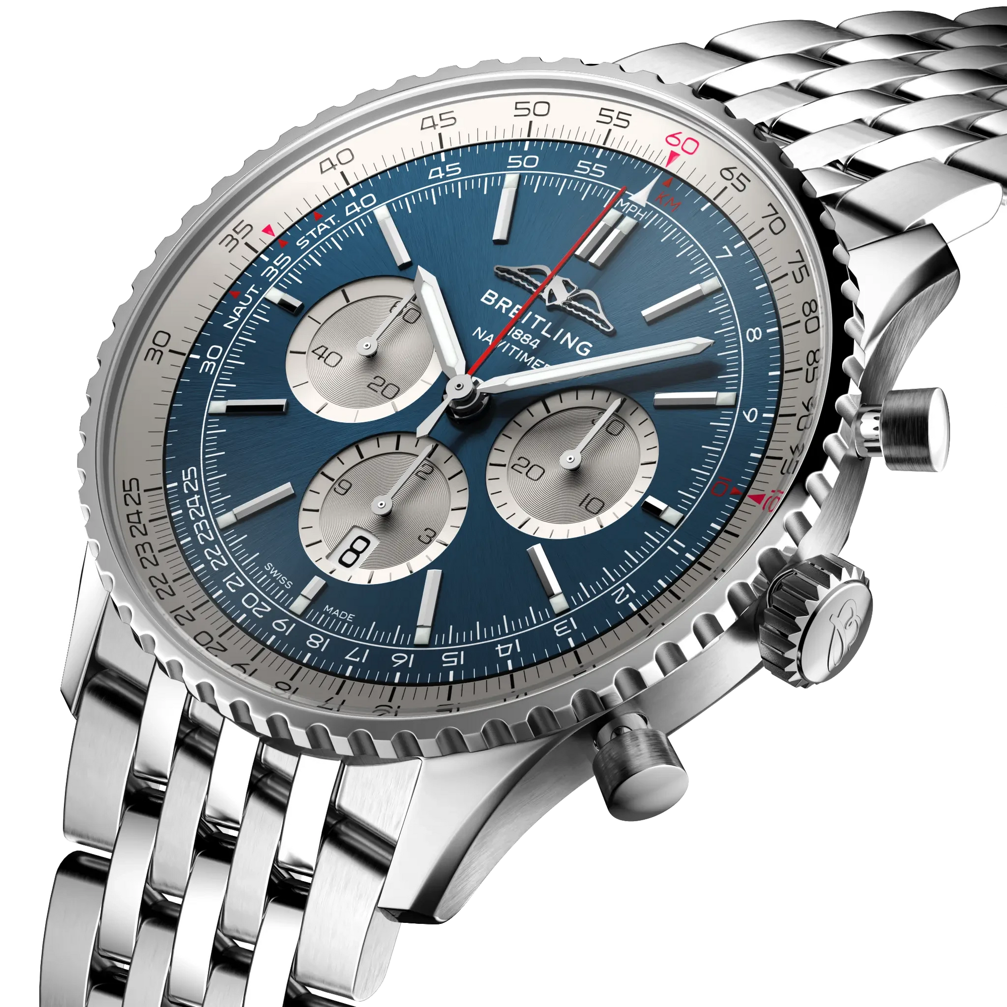 Breitling Navitimer B01 Chronograph 46mm Blue Dial on stainless steel strap - Three-Quarter View