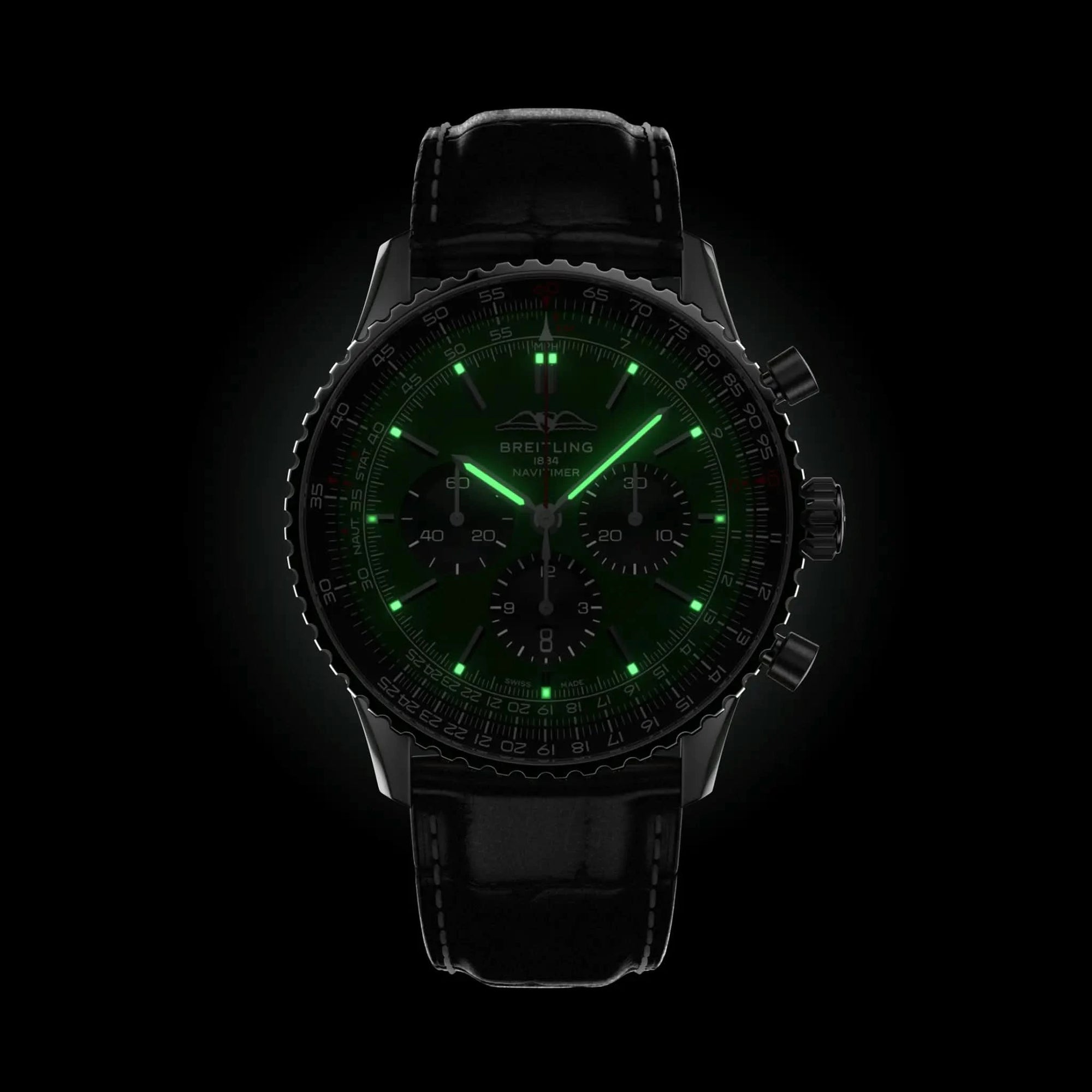 Breitling Navitimer B01 Chronograph 46mm Green Dial on alligator leather strap - Lume Shot