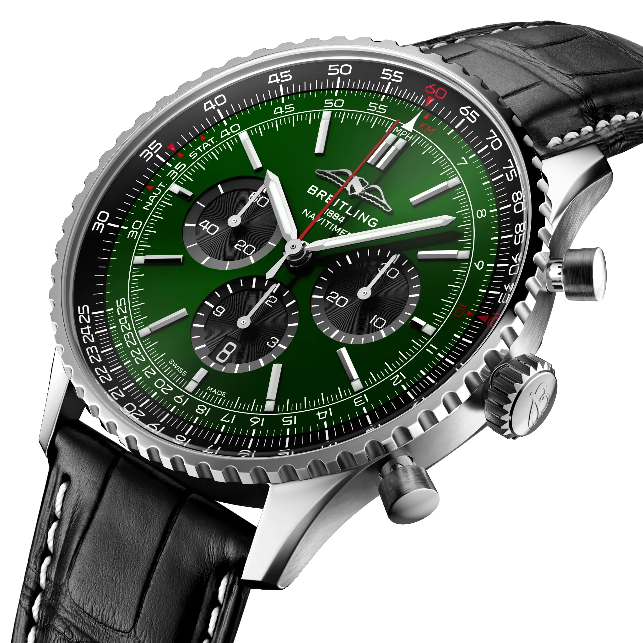 Breitling Navitimer B01 Chronograph 46mm Green Dial on alligator leather strap - Three-Quarter View
