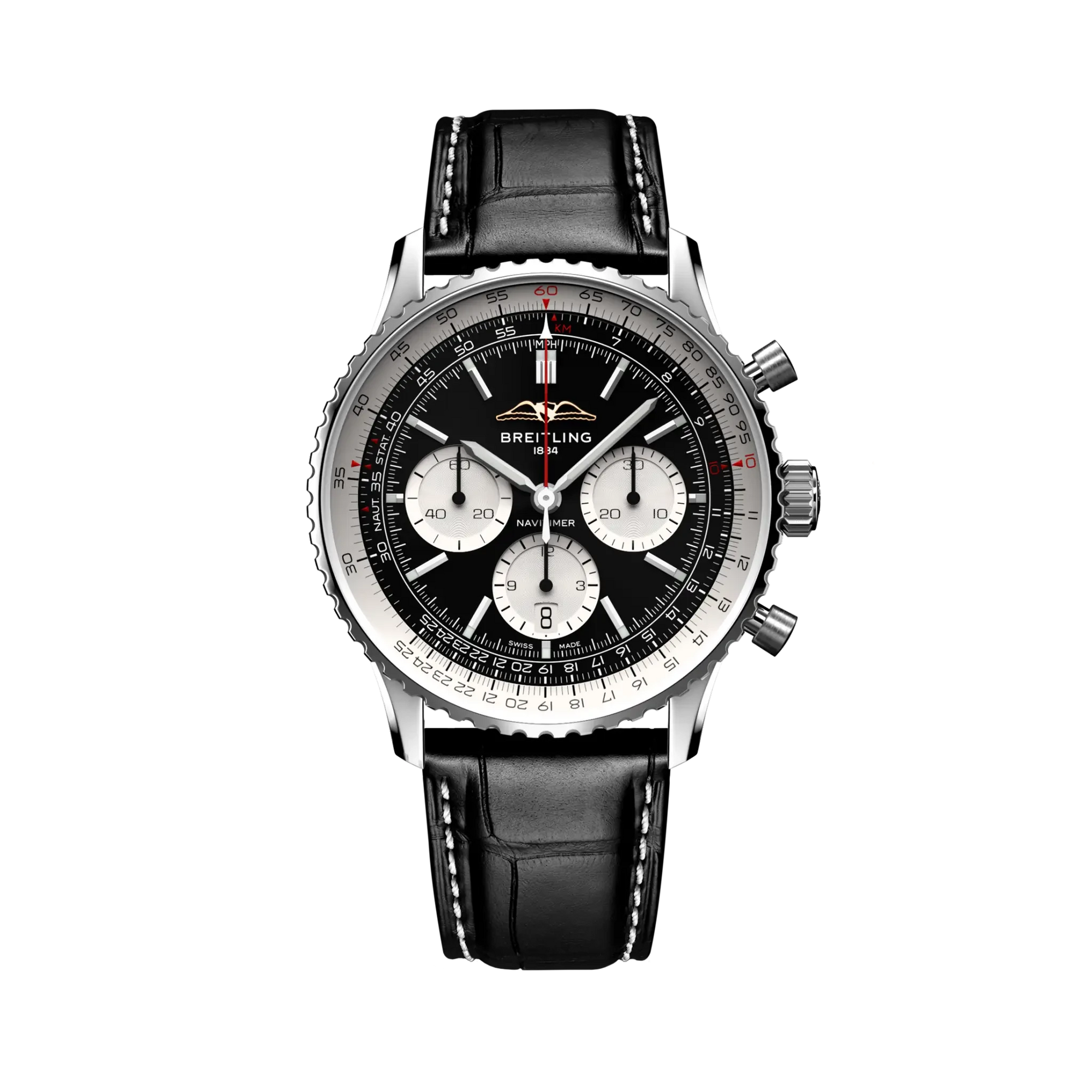 Breitling Navitimer B01 Chronograph 43mm Black Dial on alligator leather strap - Facing
