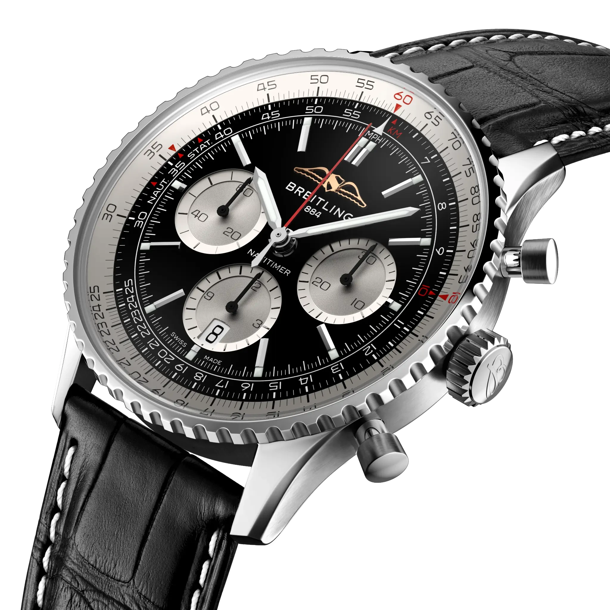 Breitling Navitimer B01 Chronograph 43mm Black Dial on alligator leather strap - Three-Quarter View