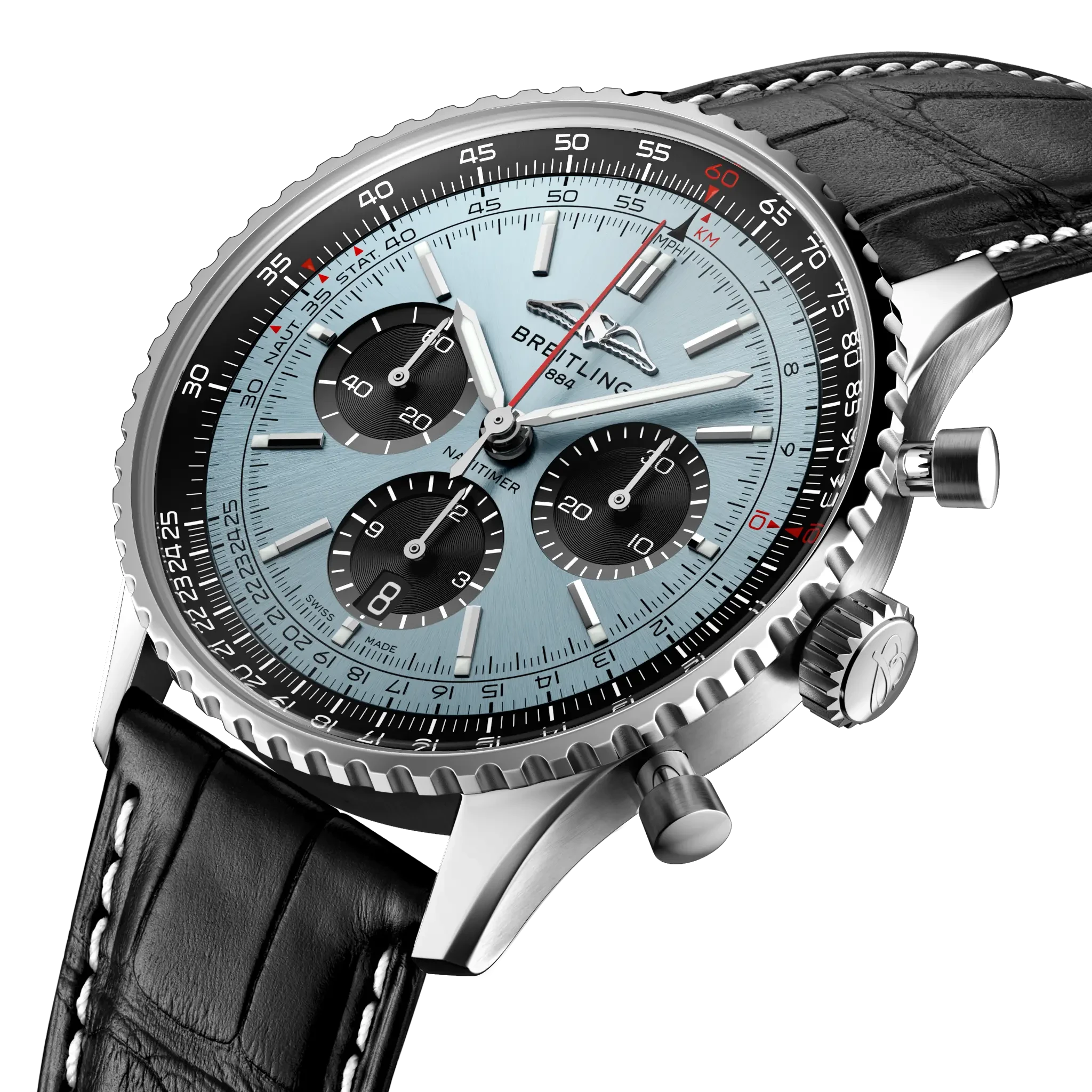 Breitling Navitimer B01 Chronograph 43mm Ice Blue Dial on alligator leather strap - Three-Quarter View
