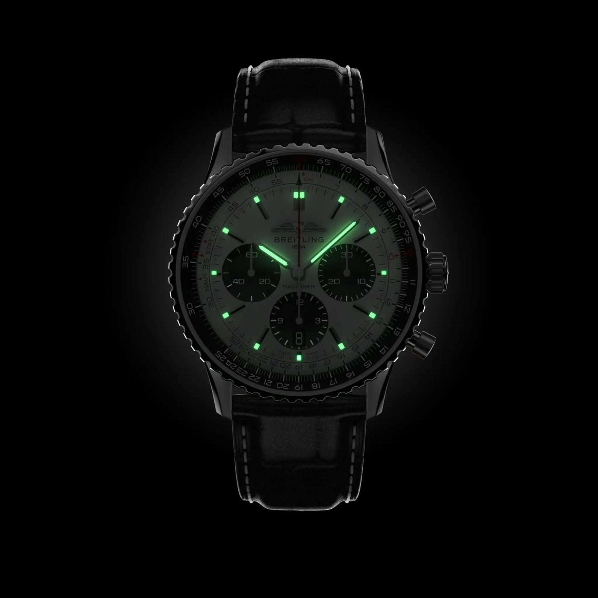Breitling Navitimer B01 Chronograph 43mm Silver Dial on alligator leather strap - Lume Shot