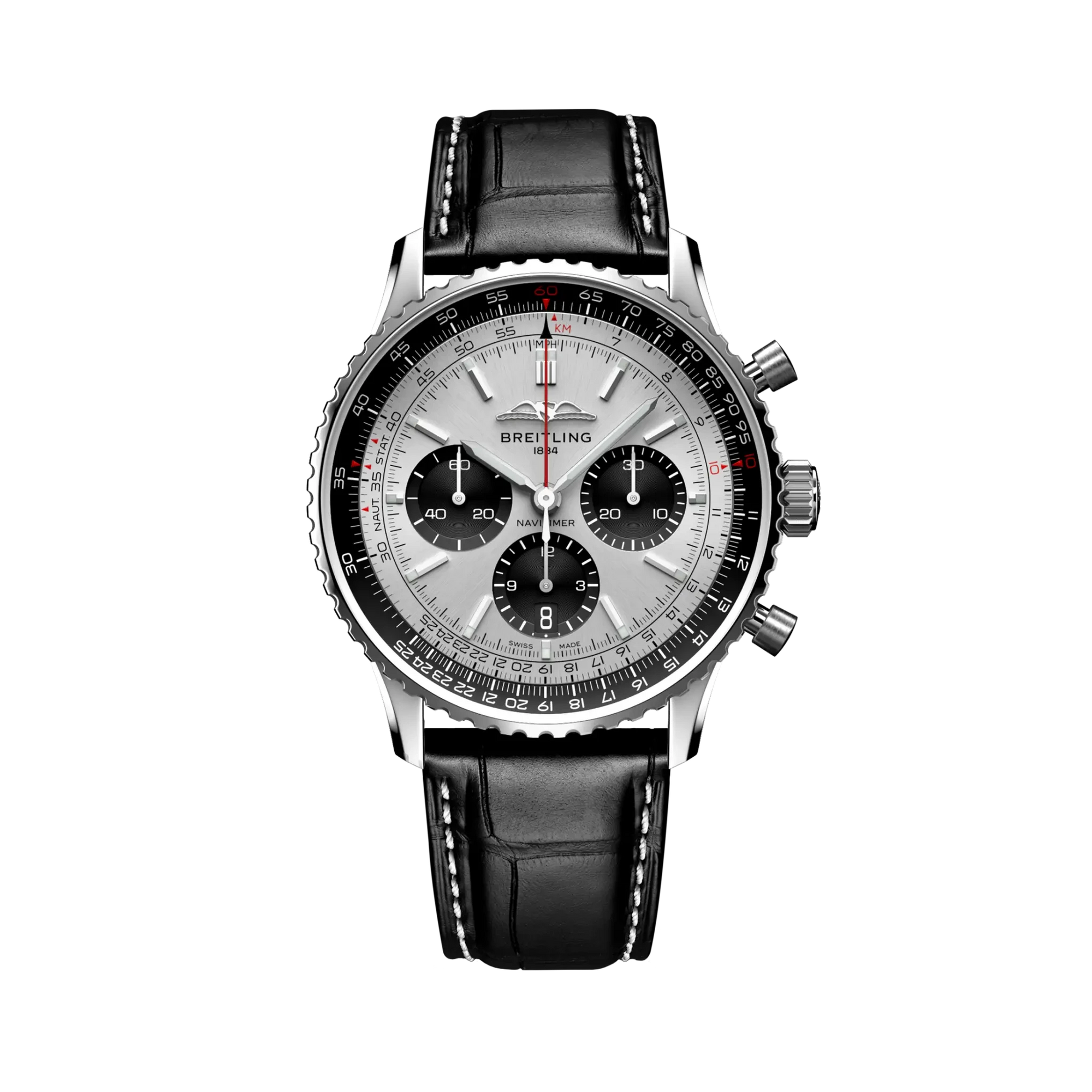 Breitling Navitimer B01 Chronograph 43mm Silver Dial on alligator leather strap - Facing
