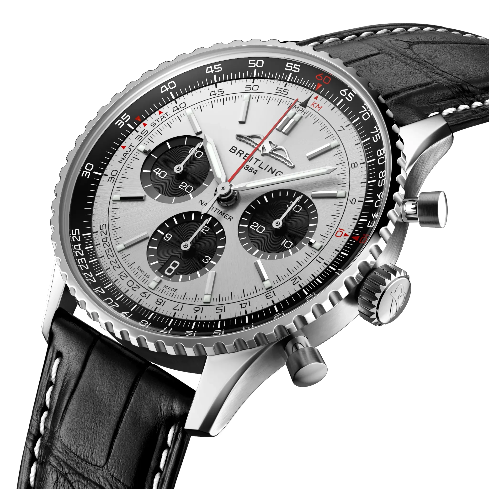Breitling Navitimer B01 Chronograph 43mm Silver Dial on alligator leather strap - Three-Quarter View