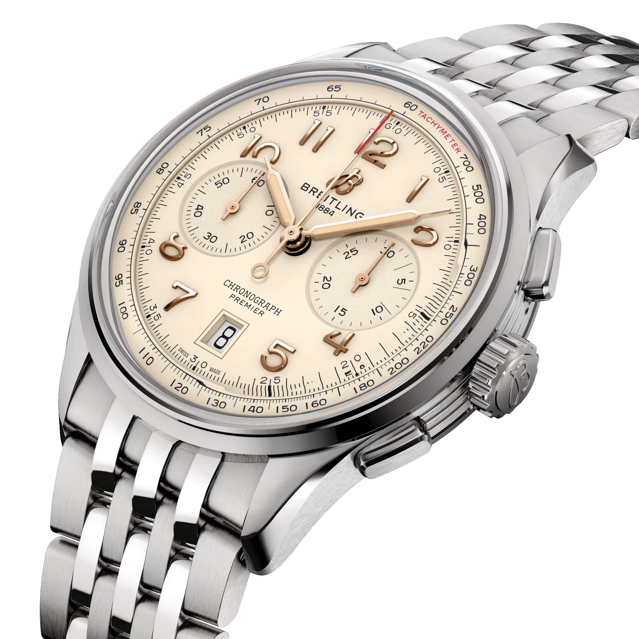 Breitling Premier B01 Chronograph 42mm Cream Dial on stainless steel strap - Three-Quarter View
