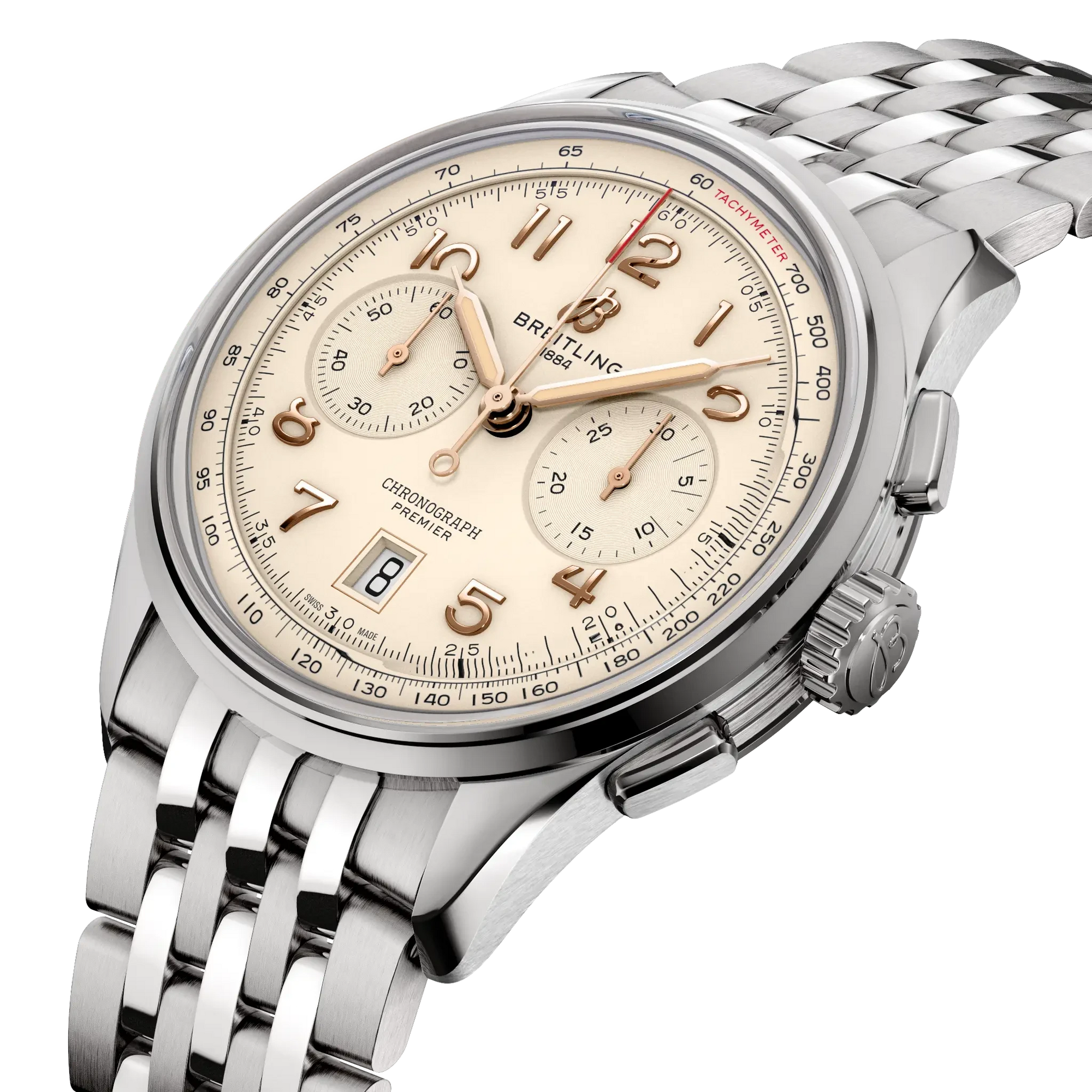 Breitling Premier B01 Chronograph 42mm Cream Dial on stainless steel strap - Three-Quarter View