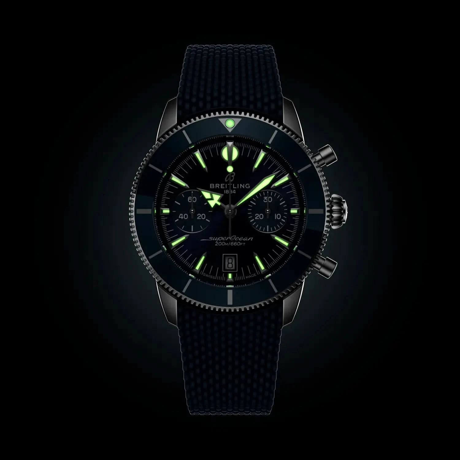 Breitling Superocean Heritage B01 Chronograph 42mm Blue Dial on rubber strap - Lume Shot