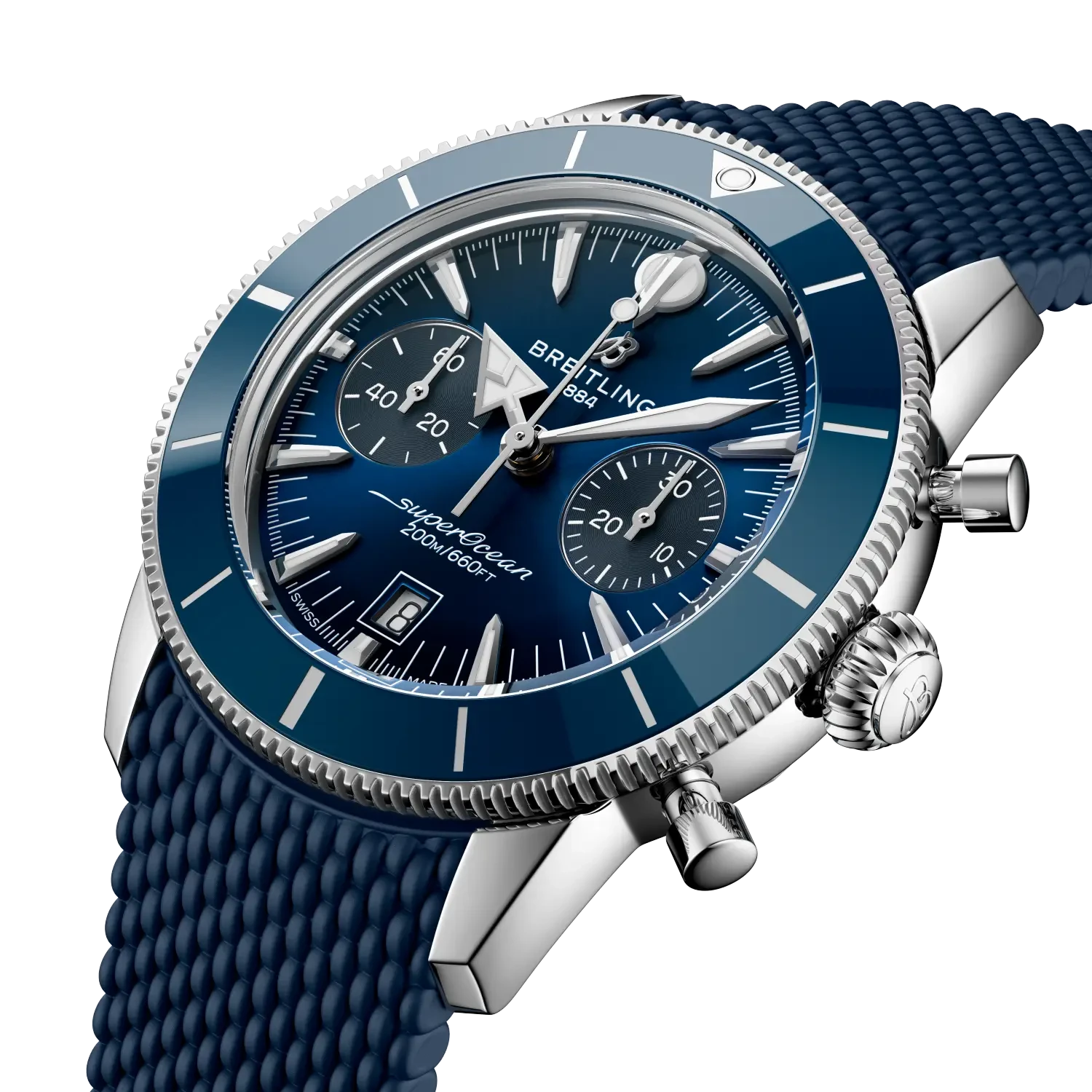 Breitling Superocean Heritage B01 Chronograph 42mm Blue Dial on rubber strap - Three-Quarter View