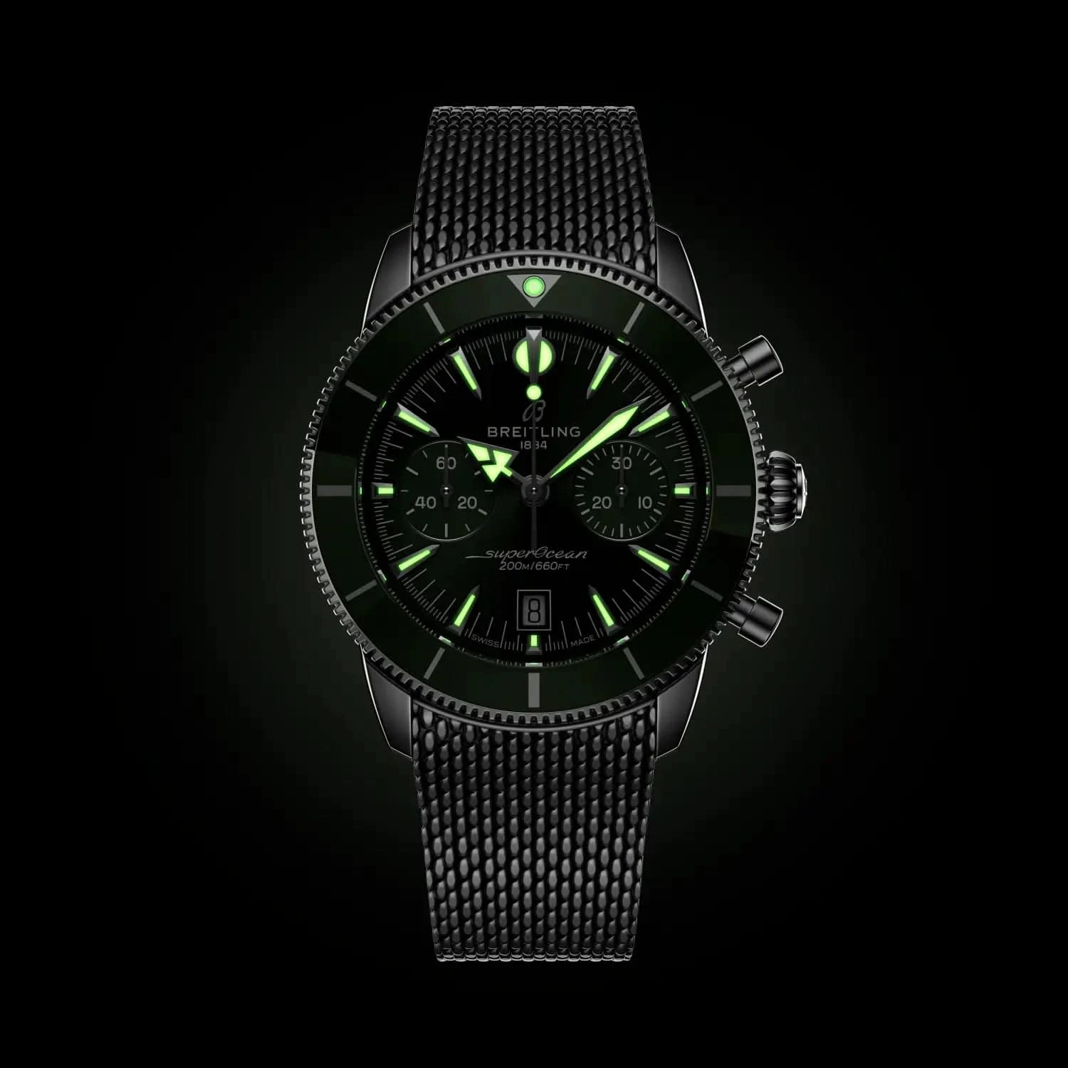 Breitling Superocean Heritage B01 Chronograph 42mm Green Dial on stainless steel strap - Lume Shot