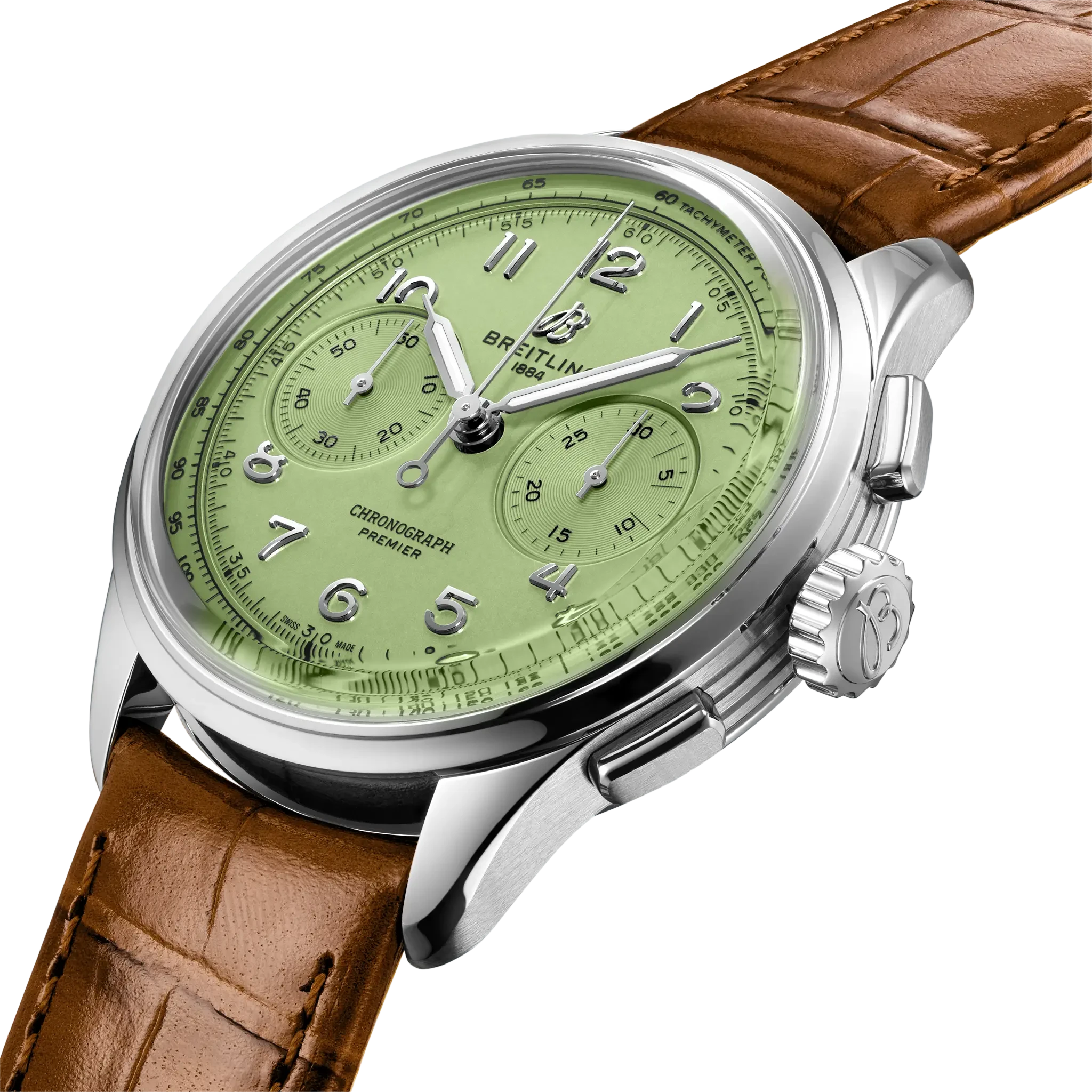 Breitling Premier B09 Chronograph 40mm Pistachio Green Dial on alligator leather strap - Three-Quarter View