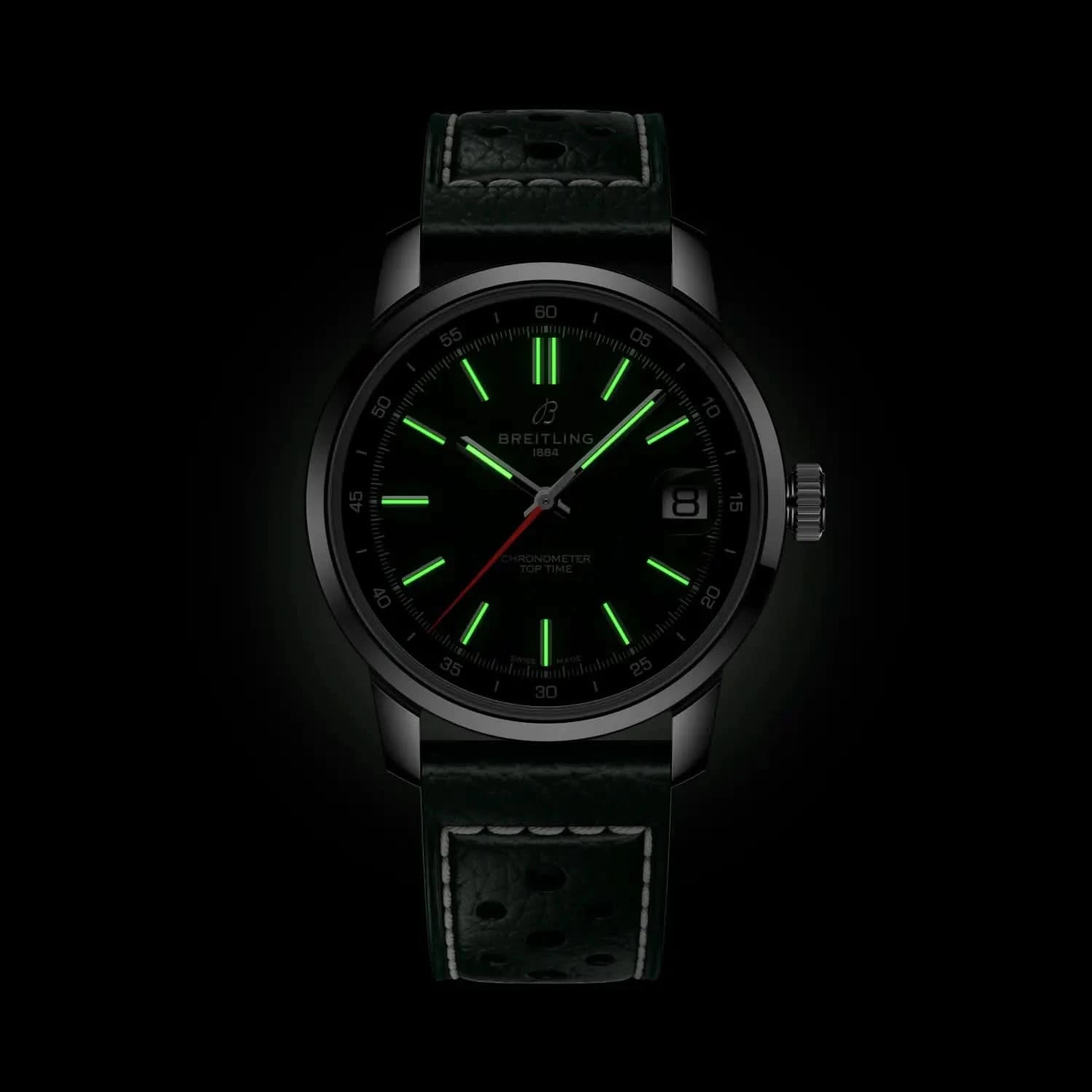 Breitling Top Time B31 38mm Green Dial on calfskin leather strap - Lume Shot