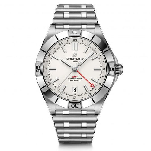A Breitling wristwatch with a stainless steel link bracelet, featuring a silver-toned case, white dial, and a red seconds hand on a clean white background.