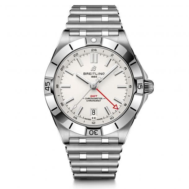 A Breitling wristwatch with a stainless steel link bracelet, featuring a silver-toned case, white dial, and a red seconds hand on a clean white background.
