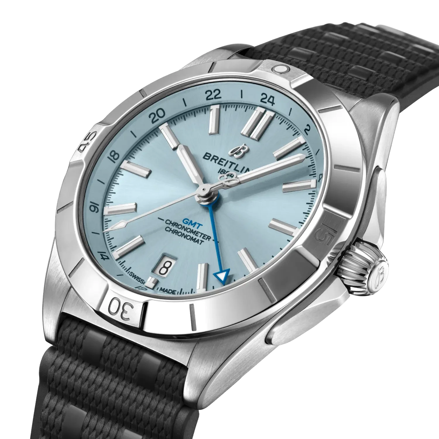 Breitling Chronomat Automatic Gmt 40mm Ice Blue Dial on rubber strap - Three-Quarter View