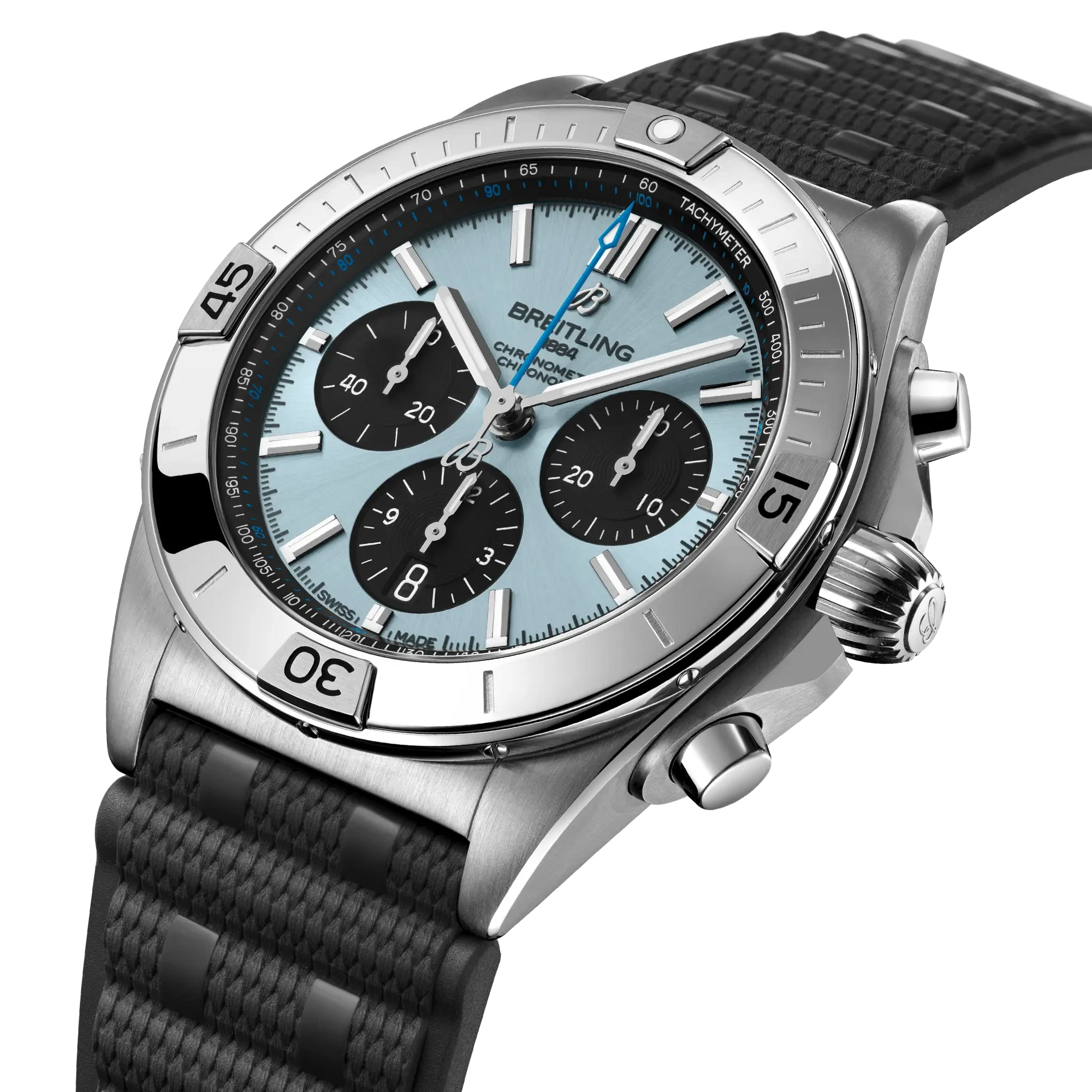 Breitling Chronomat B01 42mm Ice Blue Dial on rubber strap - Three-Quarter View