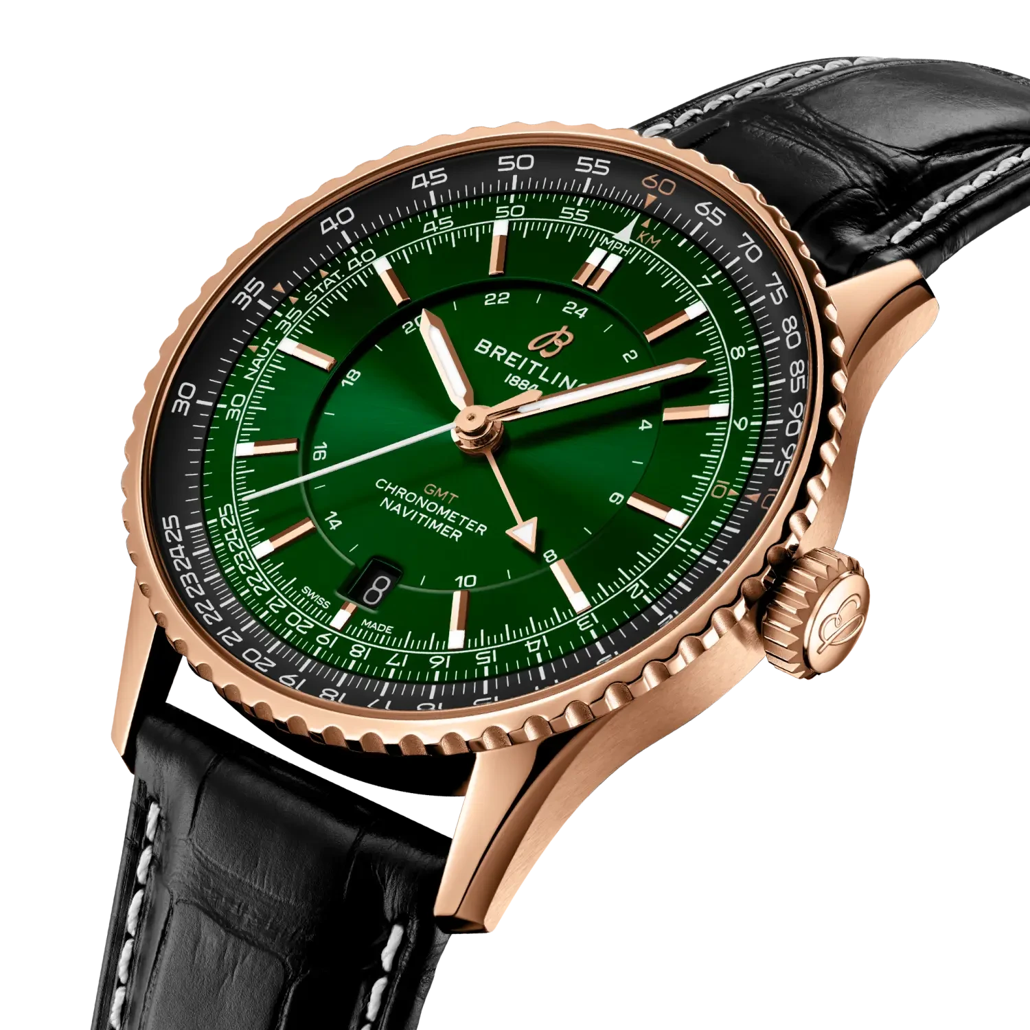 Breitling Navitimer Automatic Gmt 41mm Green Dial on alligator leather strap - Three-Quarter View