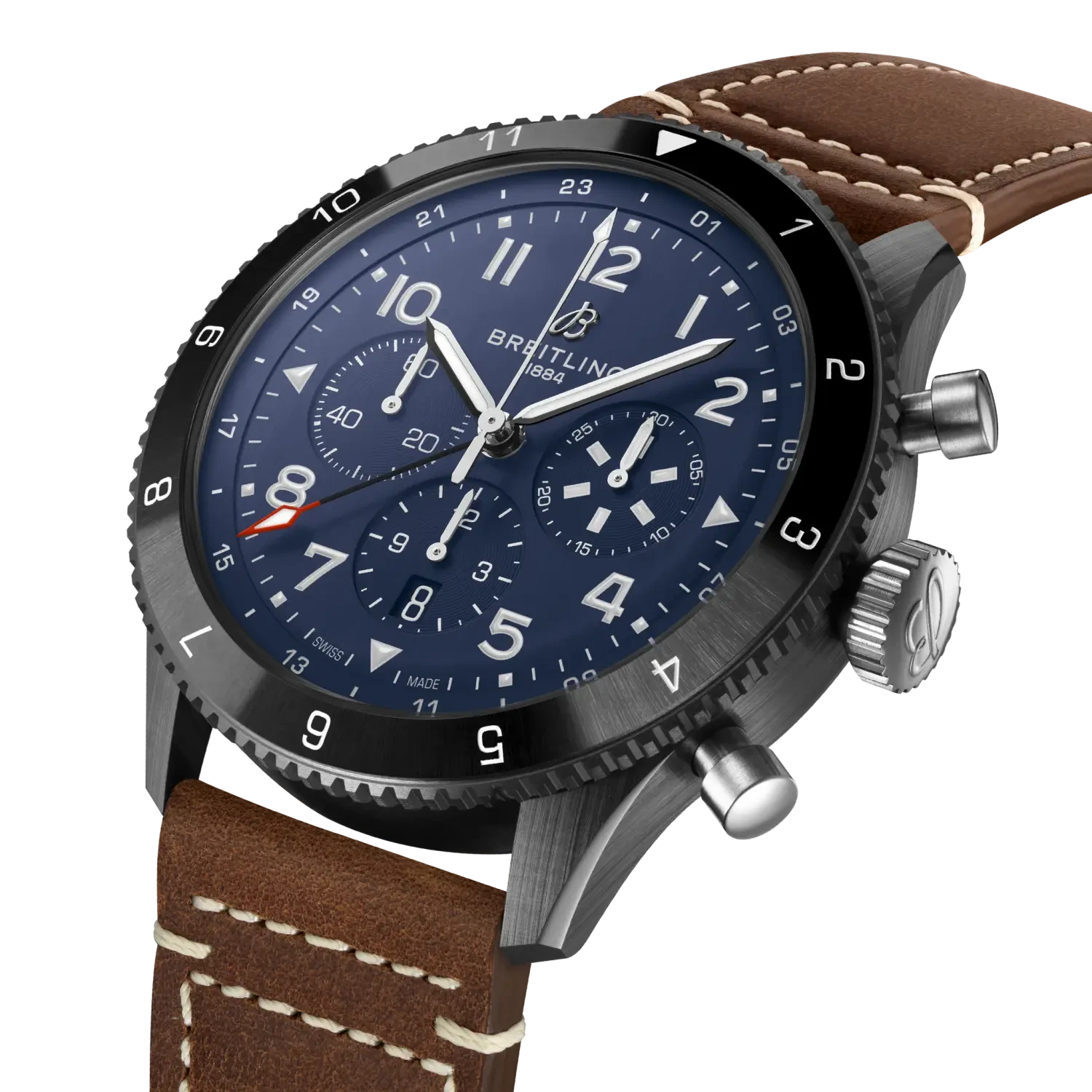 Breitling Super Avi B04 Chronograph Gmt 46 Tribute To Vought F4u Corsair 46mm Blue Dial on calfskin leather strap - Three-Quarter View