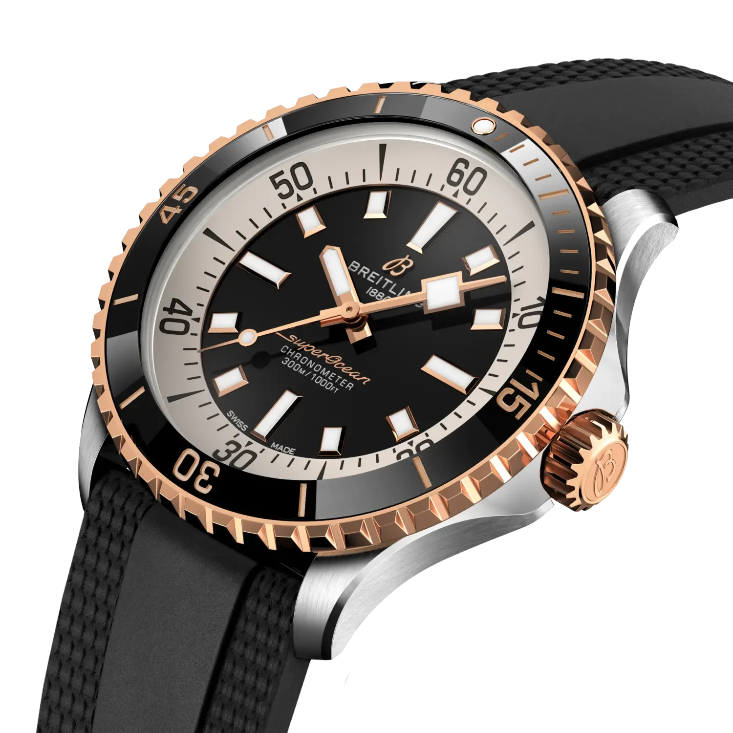 Breitling Superocean Automatic 42mm Black Dial on rubber strap - Three-Quarter View