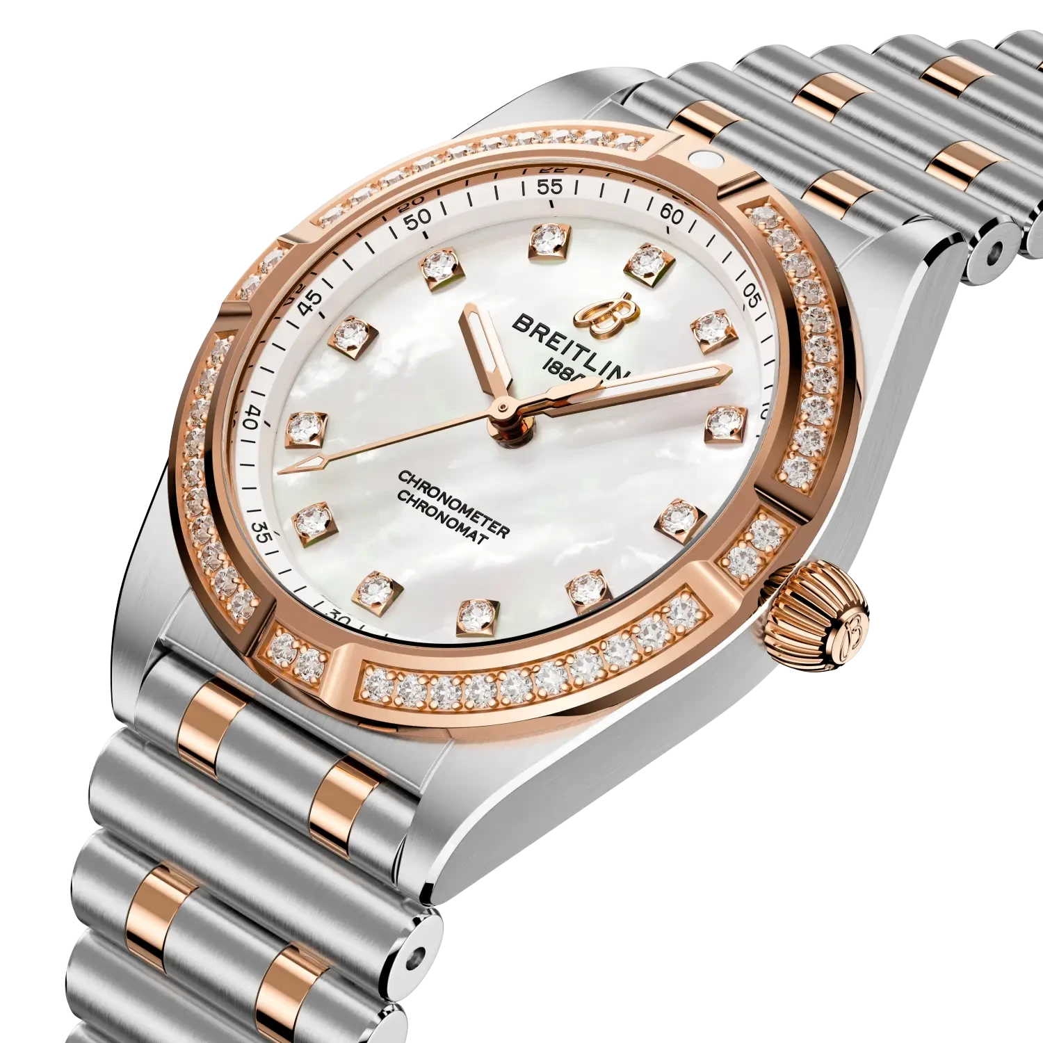 Breitling Chronomat 28mm Mother-Of-Pearl Dial on stainless steel & 18k red gold strap - Three-Quarter View