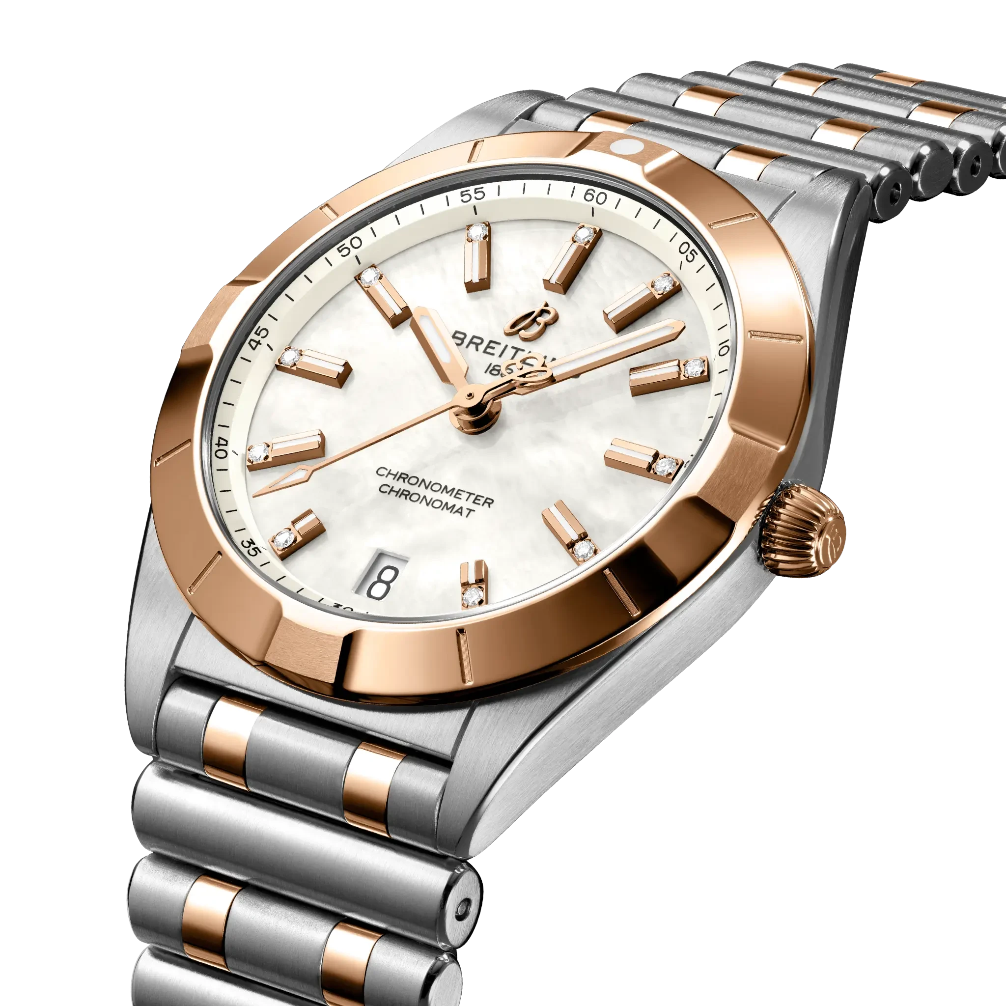 Breitling Chronomat 32mm Mother-Of-Pearl Dial on stainless steel & 18k red gold strap - Three-Quarter View