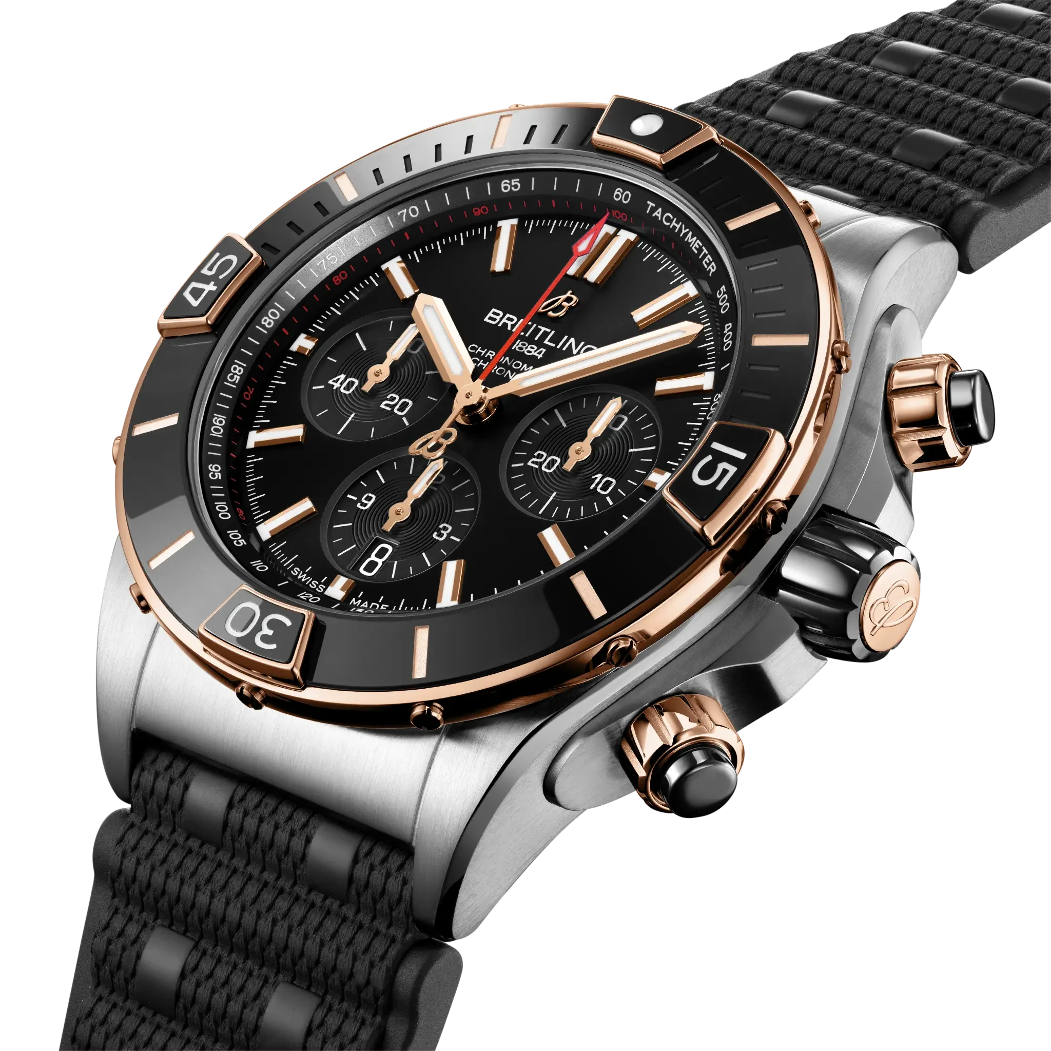 Breitling Super Chronomat B01 44mm Black Dial on rubber strap - Three-Quarter View
