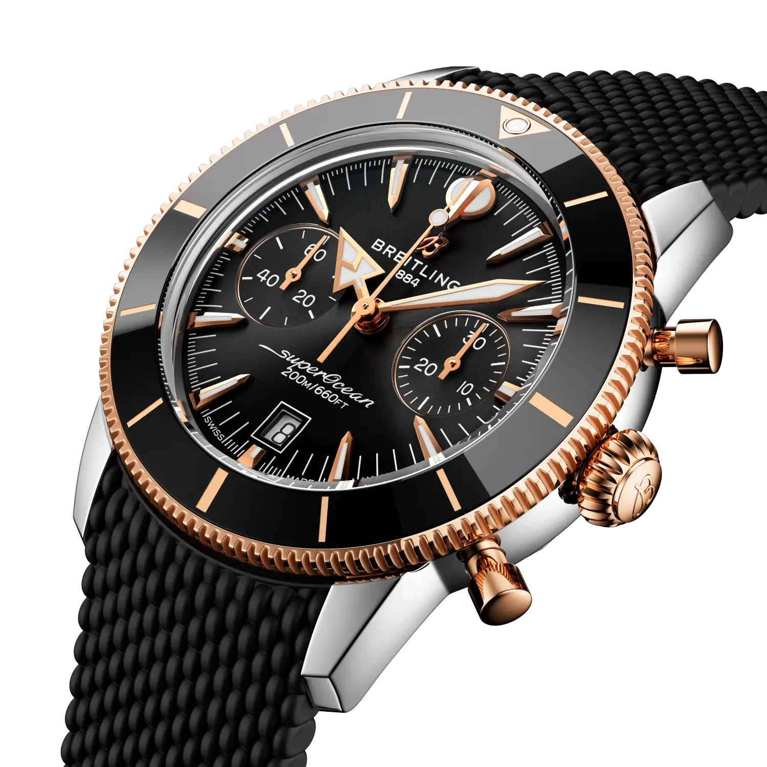 Breitling Superocean Heritage B01 Chronograph 42mm Black Dial on rubber strap - Three-Quarter View