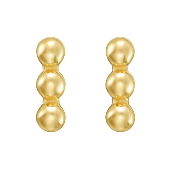 Pair of gold three bead bar design earrings on a white background