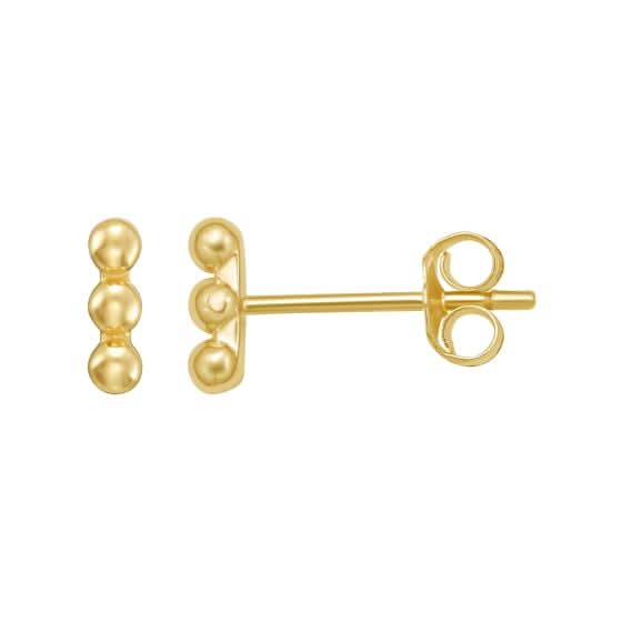Gold bead bar earrings on a white background one straight forward one sideways