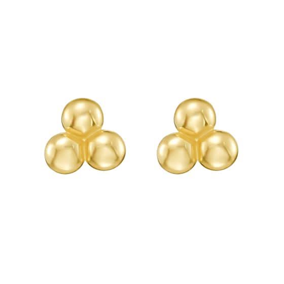 Pair of gold ball pyramid  earrings front view on a white background