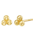 Pair of gold three-ball stud earrings on a white background