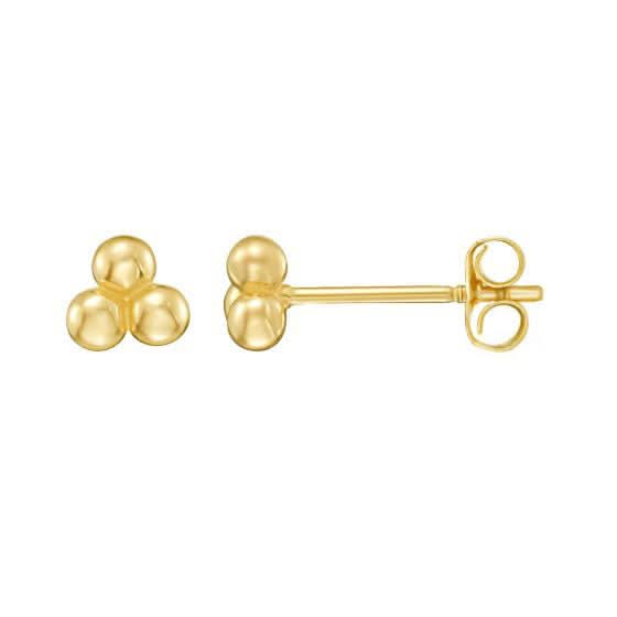 A pair of Royal Chain 14k yellow gold trinity stud earrings (Reference E17407) showcasing three small, high-polish spheres clustered together in a triangular shape, featuring a front view and a side profile view with a friction post on a crisp white background.