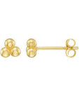 A pair of Royal Chain 14k yellow gold trinity stud earrings (Reference E17407) showcasing three small, high-polish spheres clustered together in a triangular shape, featuring a front view and a side profile view with a friction post on a crisp white background.