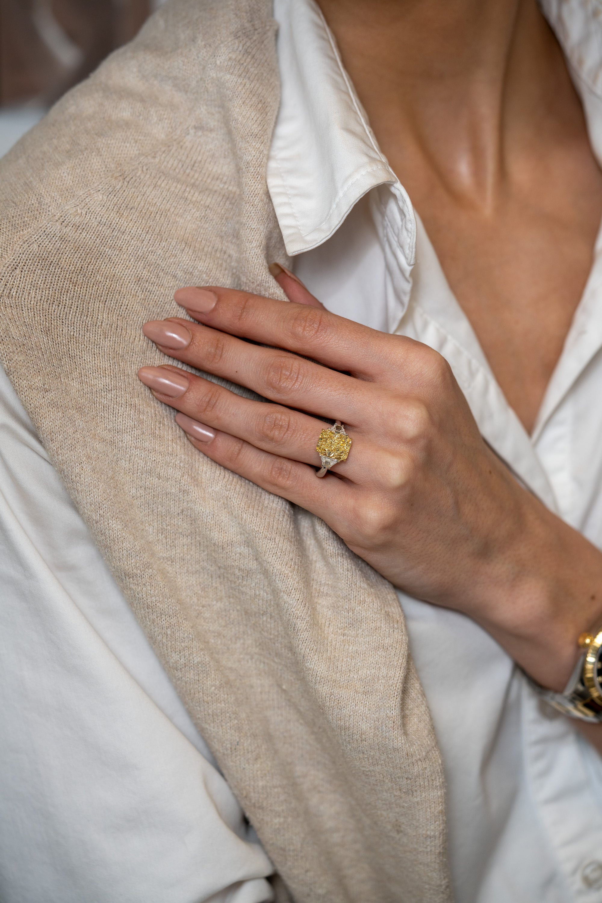 Radiant Fancy Yellow Three Stone Engagement Ring - Skeie's Jewelers