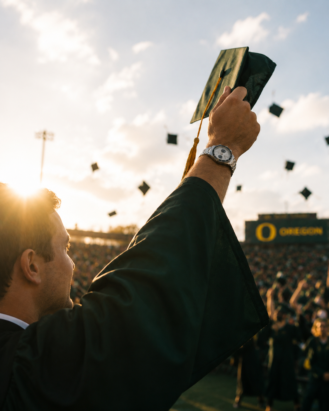 Graduate in cap and gown throwing a graduation cap into the air at a stadium with 'Oregon' visible.