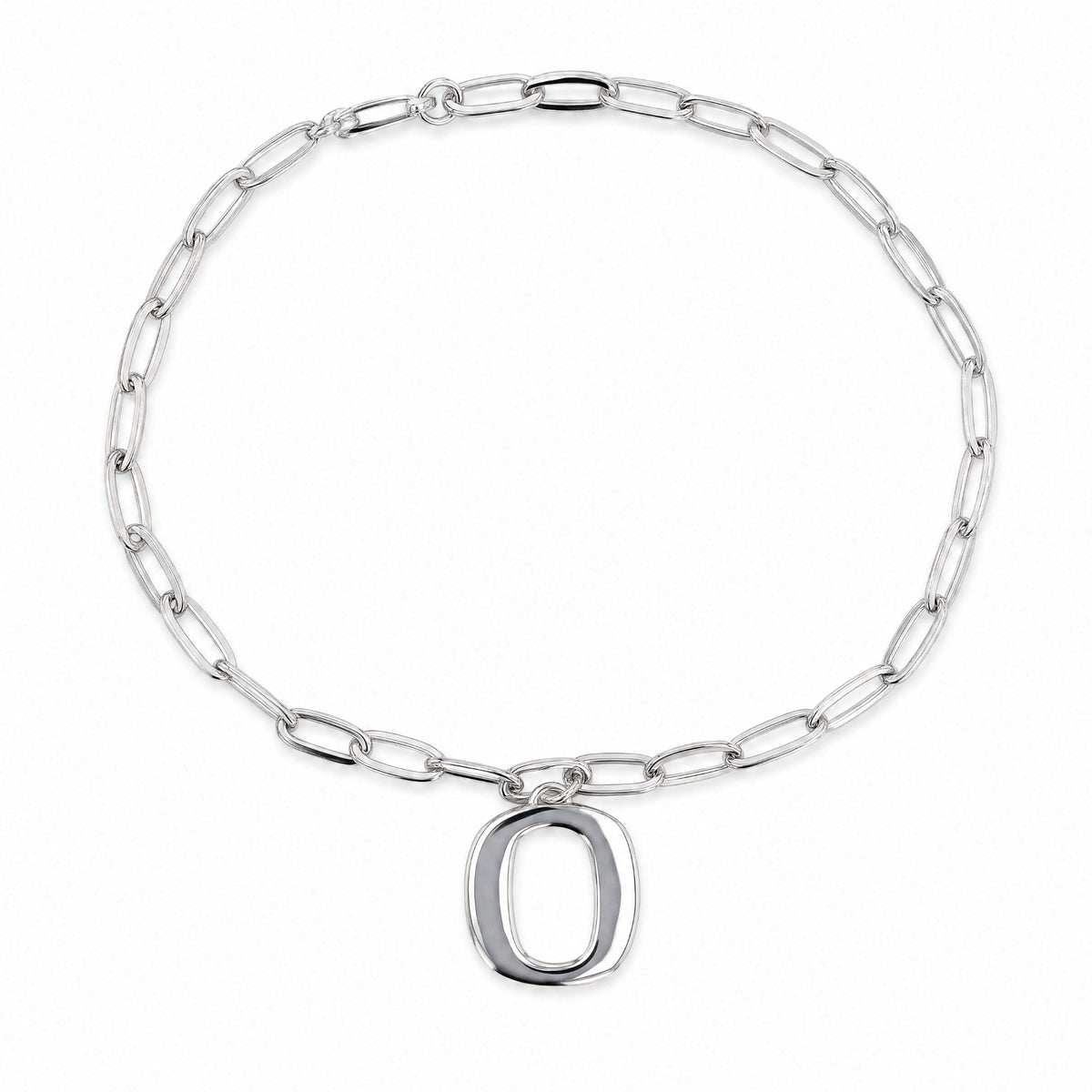 A silver paperclip chain bracelet with a polished open oval letter 'O' pendant, displayed on a clean white background.