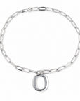 A silver paperclip chain bracelet with a polished open oval letter 'O' pendant, displayed on a clean white background.