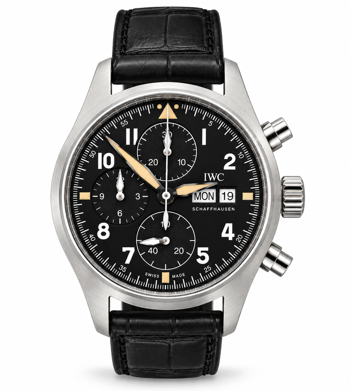 Black IWC watch with black leather strap on a white background