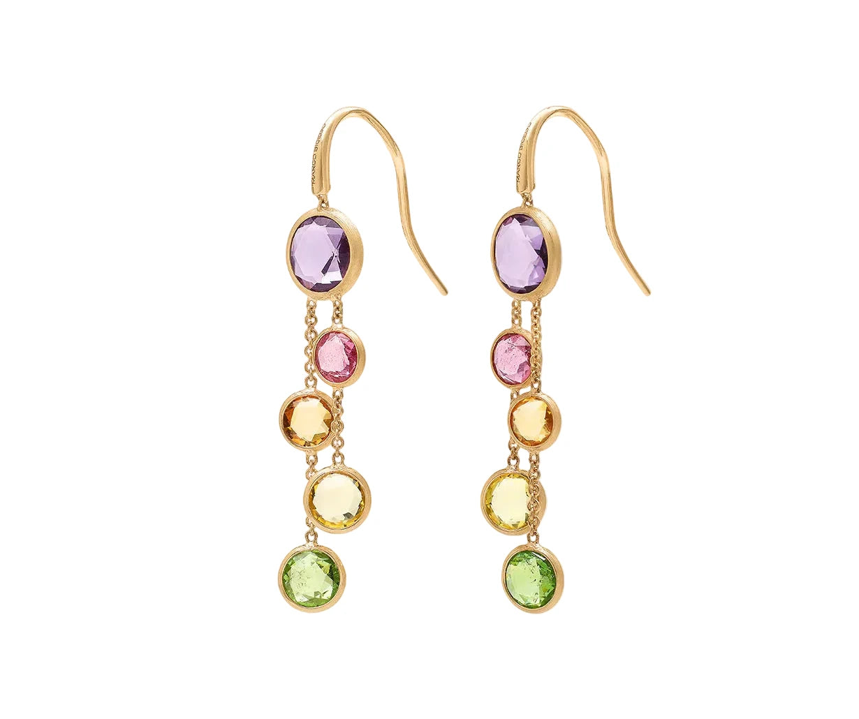 A pair of gold dangle earrings featuring a vertical cascade of round-cut gemstones in purple, pink, yellow, and green, set in gold hooks against a light cream background.