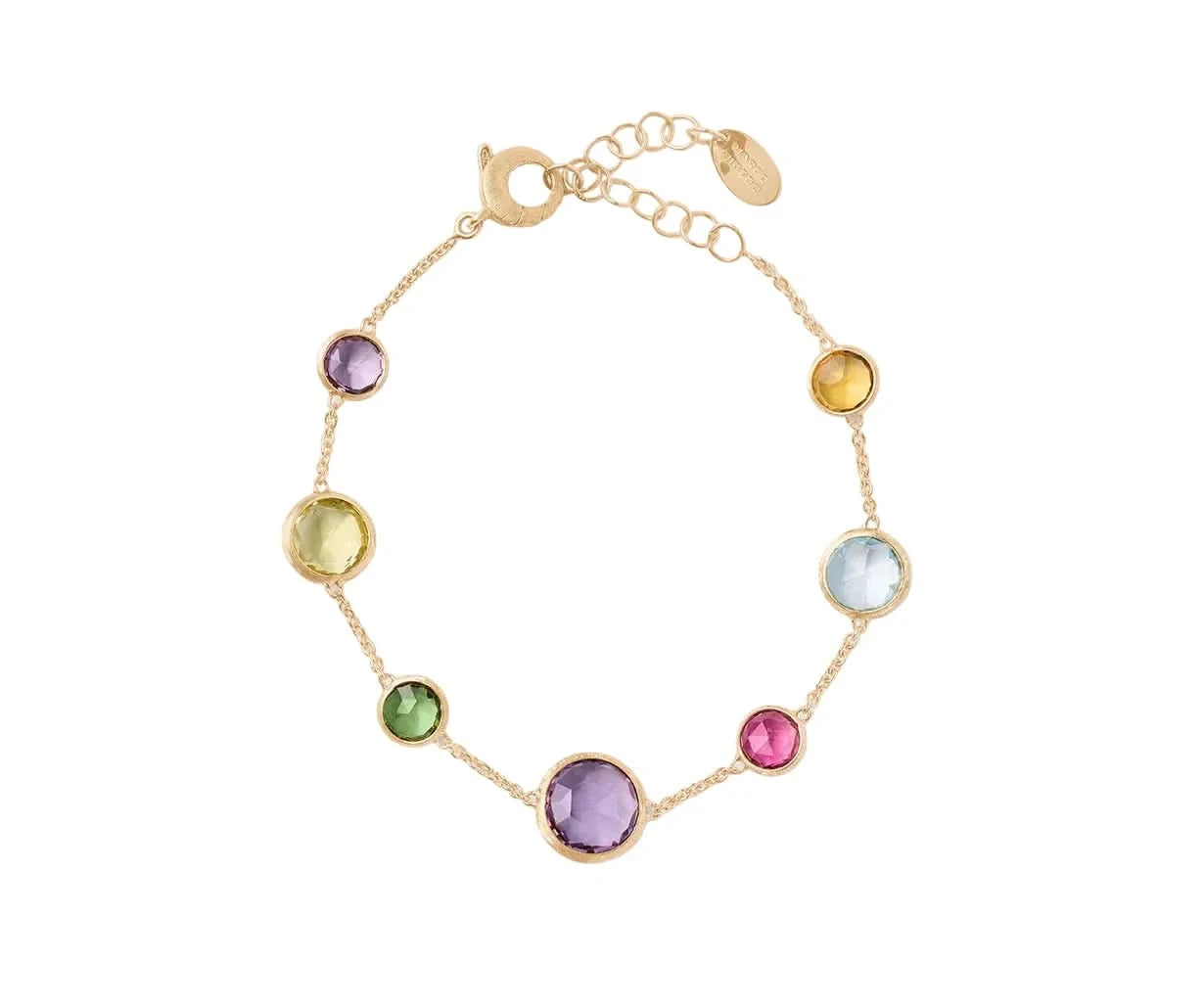 Gold bracelet with multicolored gemstones on a white background